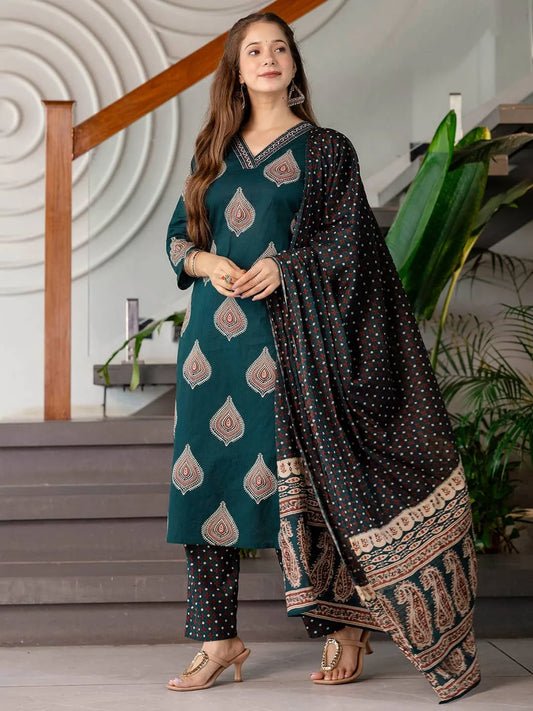 Affordable Cotton Printed V-Neck Kurta Set with Pant & Dupatta for Women under 999