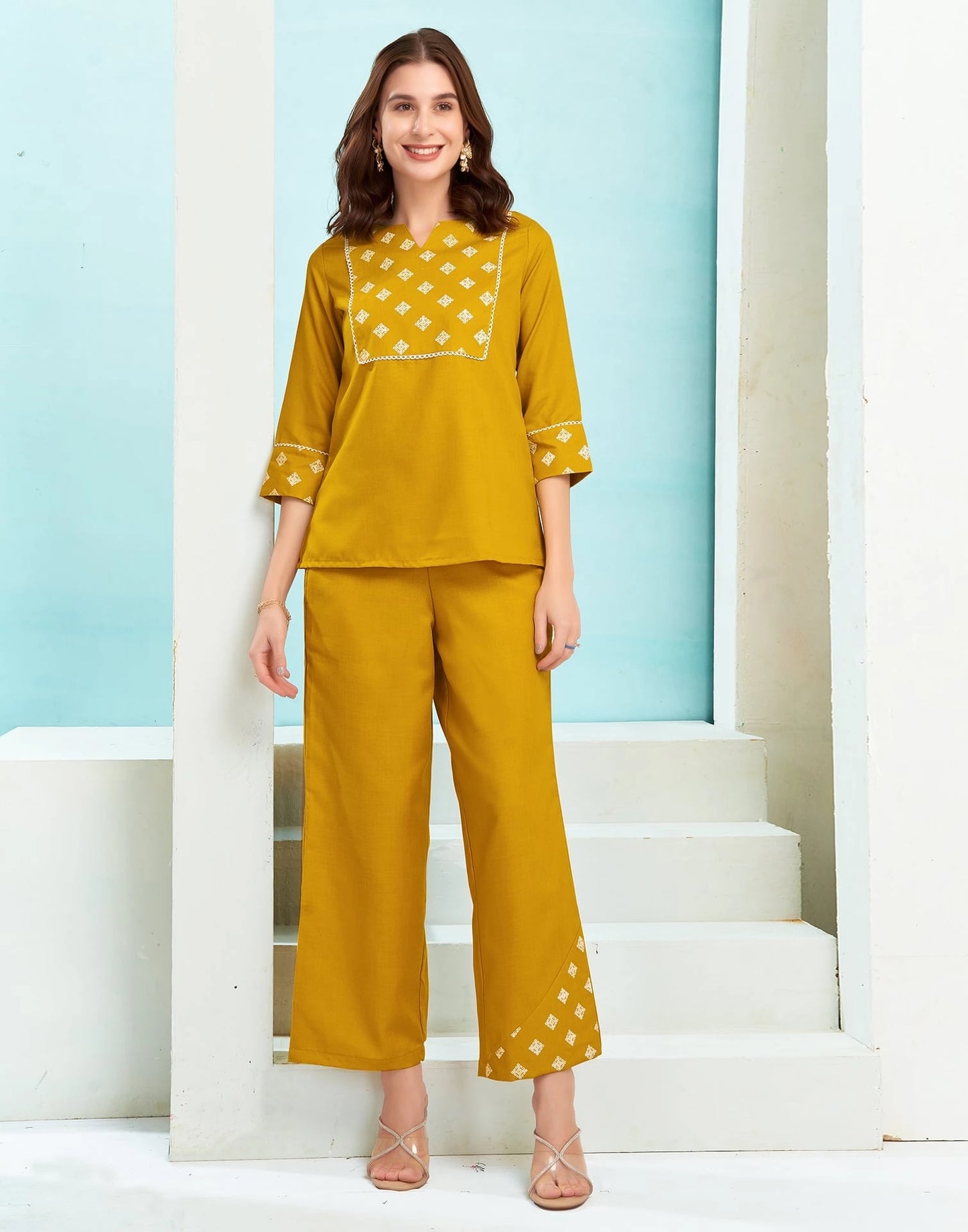 Cotton Blend Printed V-Neck Co-ord Set