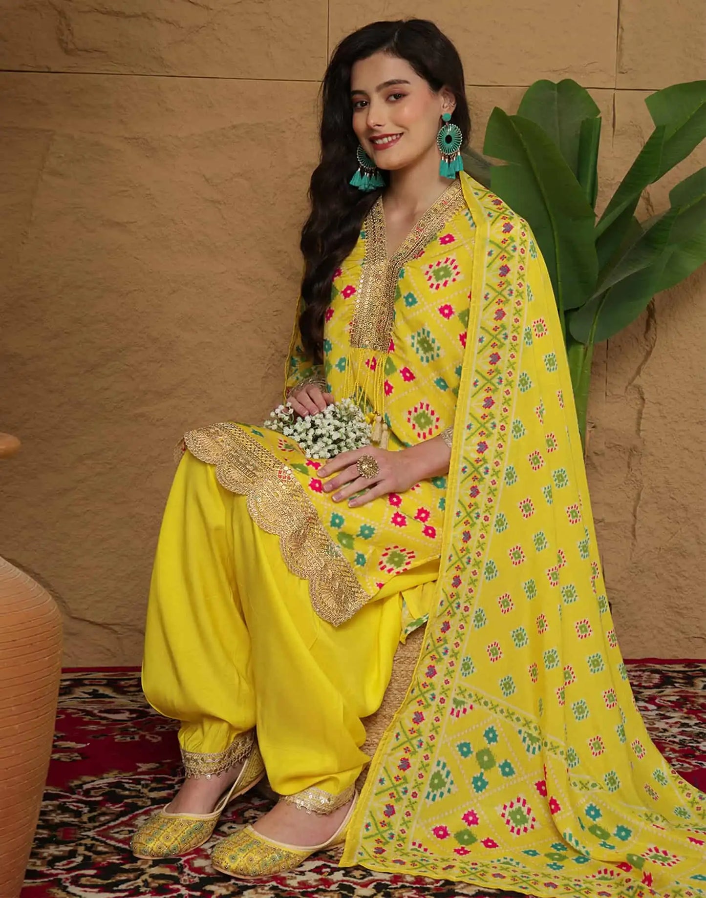 Yellow Silk Printed Straight Kurta Set for Women with Patiala Pant and Dupatta