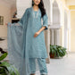 Blue Silk Blend Embroidered Straight Kurta Set with Pant and Dupatta for Women