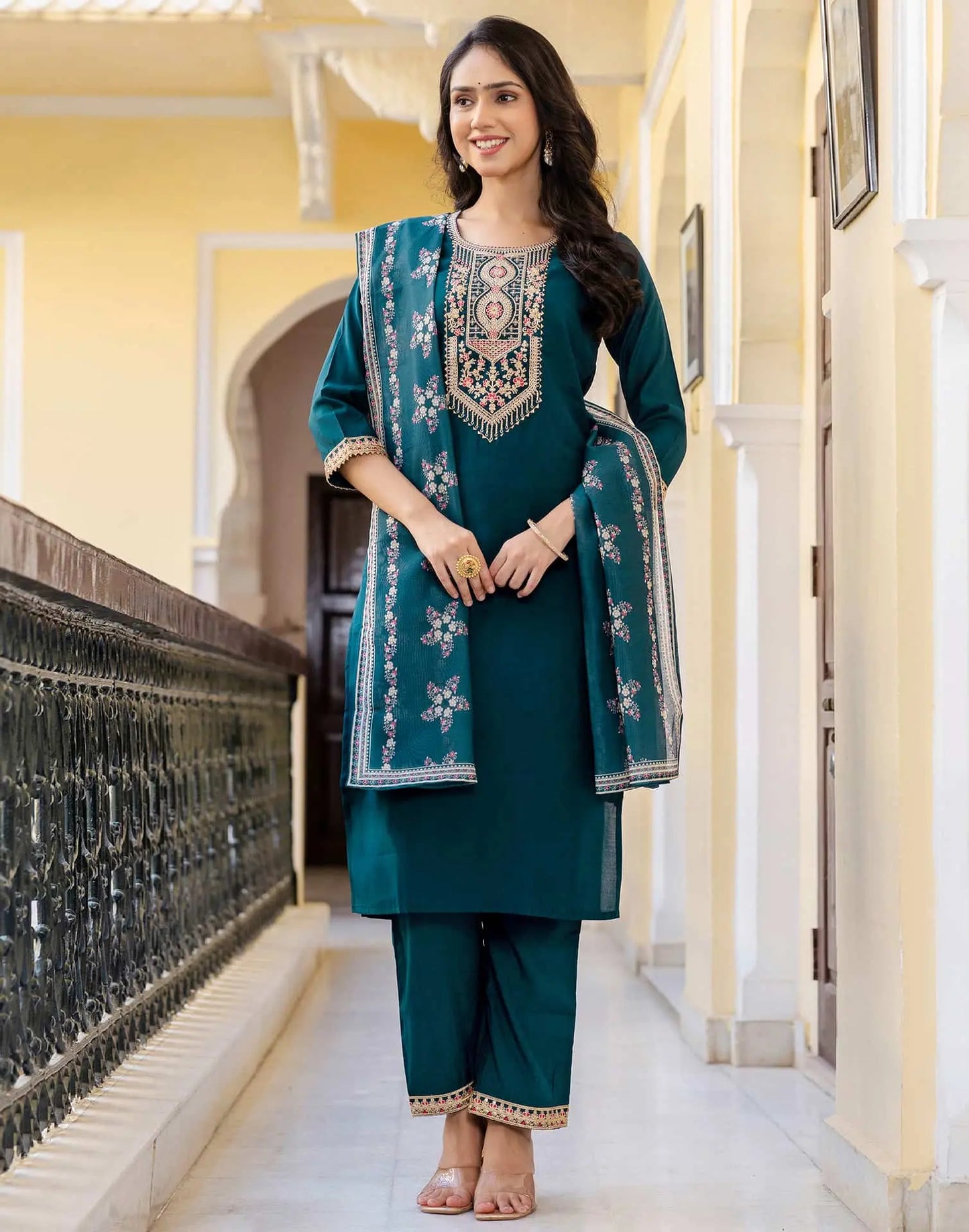 Skylee Green Silk Embroidered Straight Kurta with Pant & Dupatta