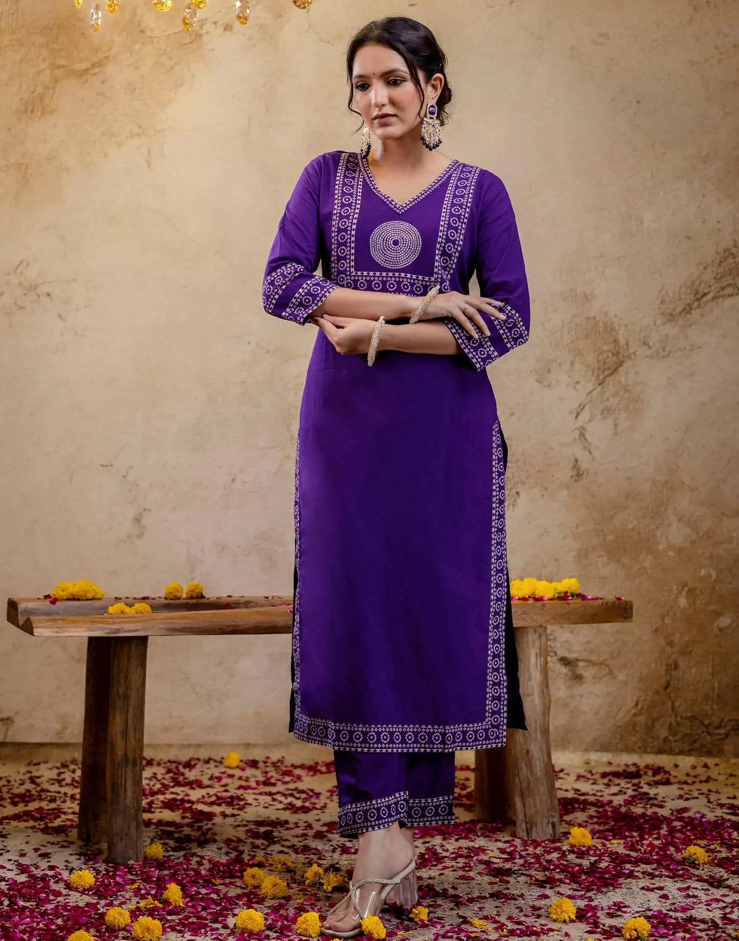 Affordable Purple Cotton Printed Straight Kurta Set Bandhani Print