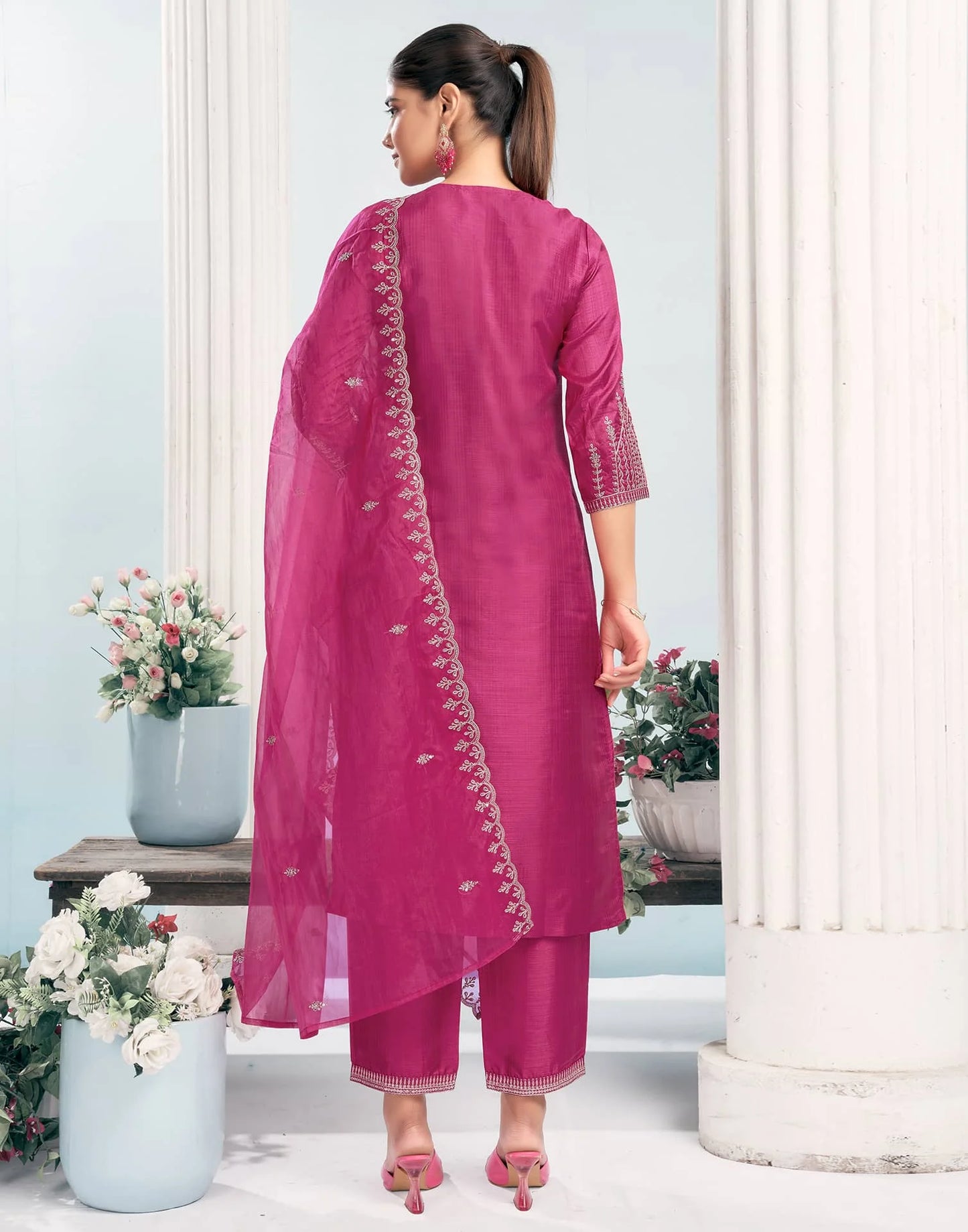 Silk Blend Embroidered Straight Kurta with Pant & Dupatta