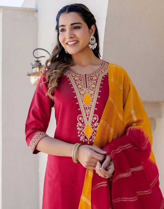 Cotton Blend Embroidery and Sequins Work Straight Kurta with Pant & Dupatta