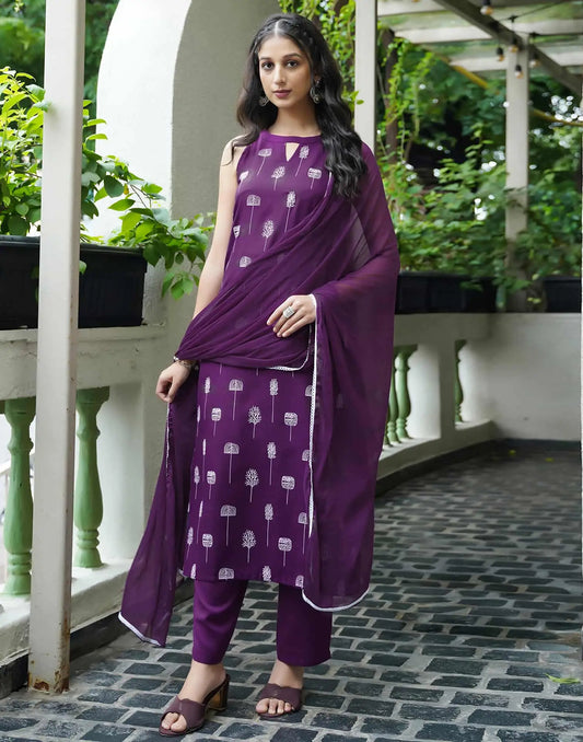 Cotton Blend Printed Straight Kurta with Pant & Dupatta