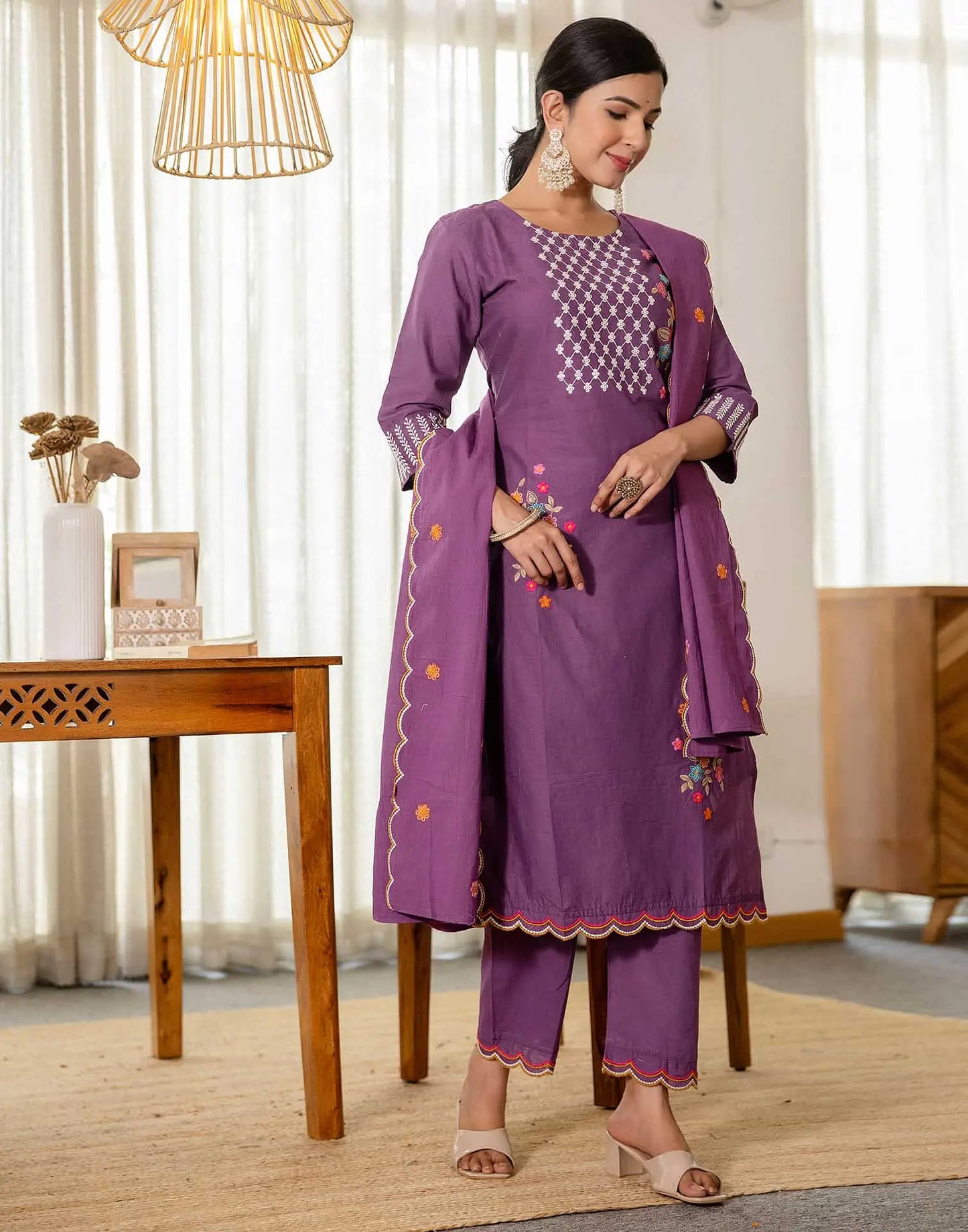 Skylee Purple Cotton Embroidered Straight Kurta with Pant & Dupatta