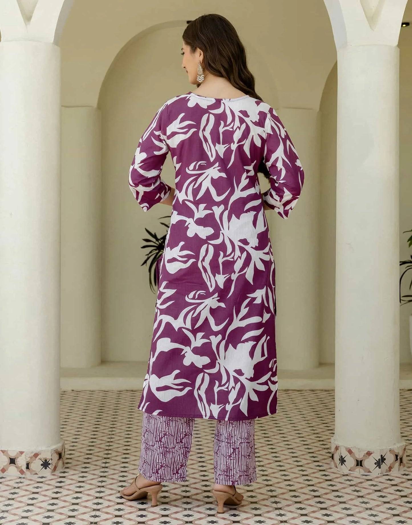 Cotton Straight Printed V-Neck Kurta with Pant & Dupatta