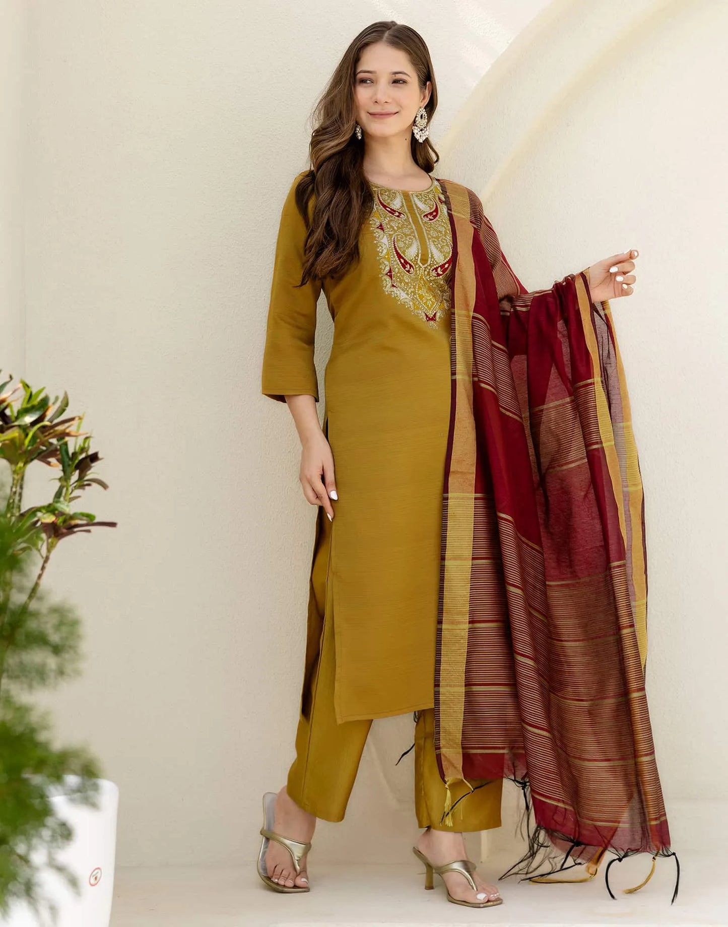 Affordable Yellow Silk Embroidered Straight Kurta Set under 999