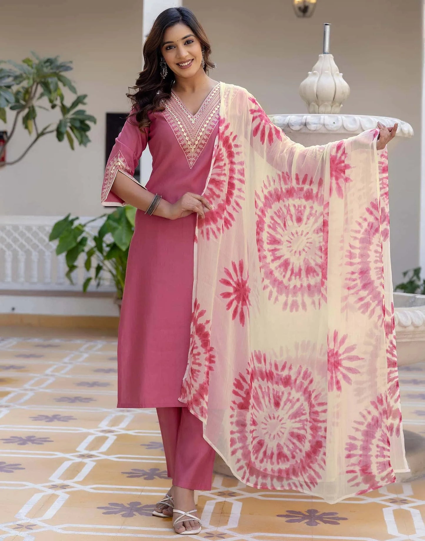 Silk Embroidery, Sequins Work and Gota Patti Work Straight Kurta with Pant & Dupatta