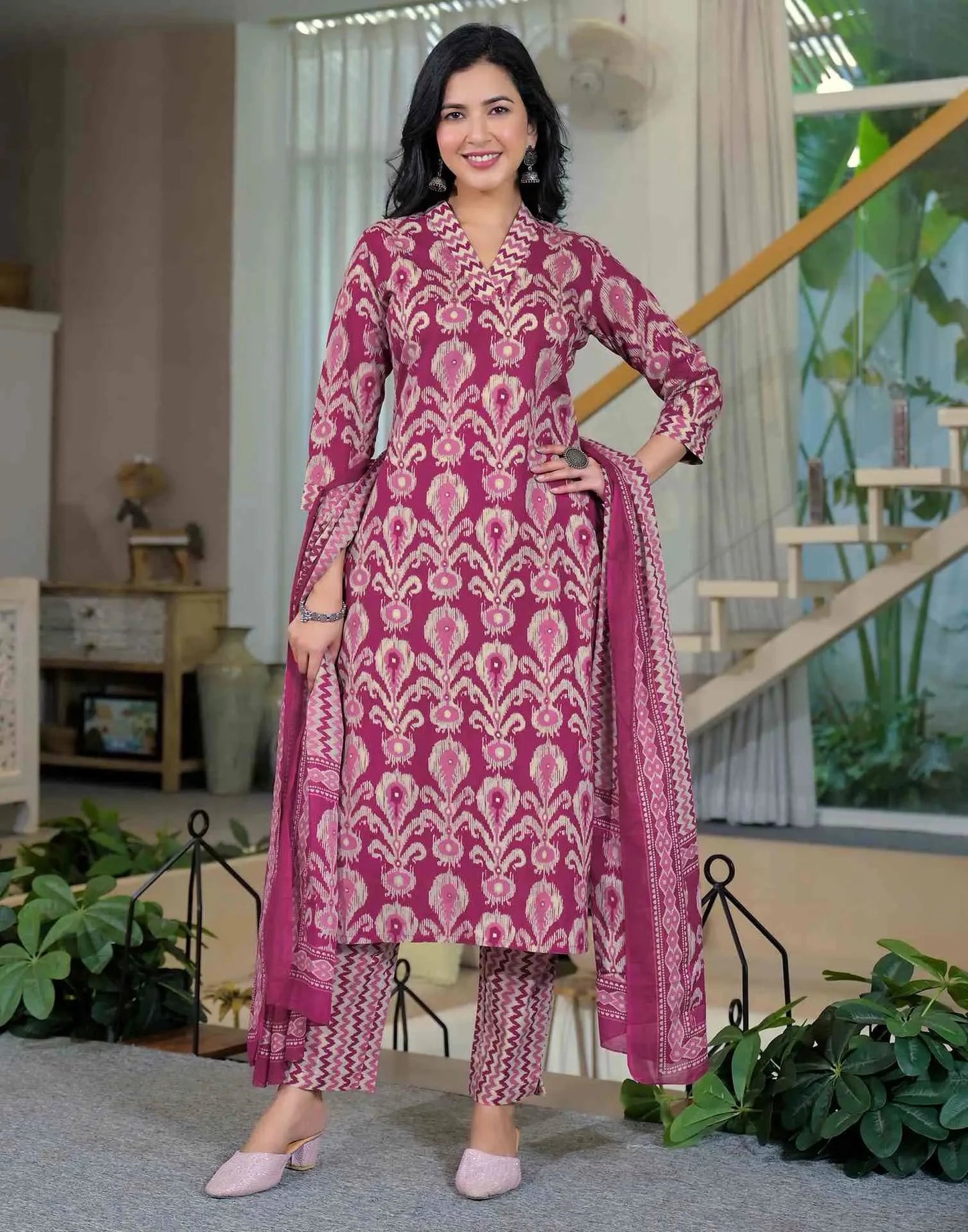 Cotton Printed Straight V-Neck Kurta with Pant & Dupatta