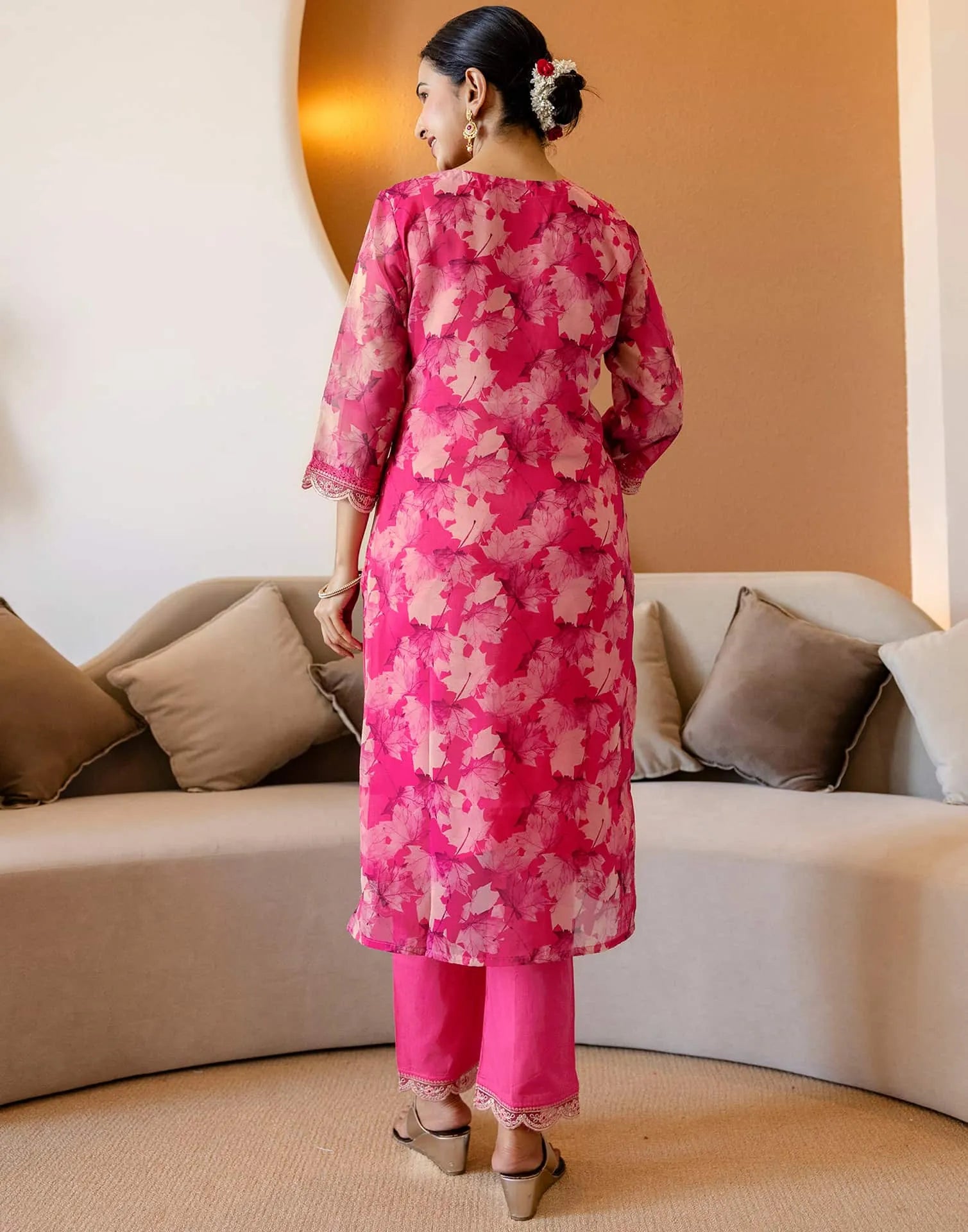 Pink Organza Printed Straight Kurta Set with Pant and Dupatta under 1299 