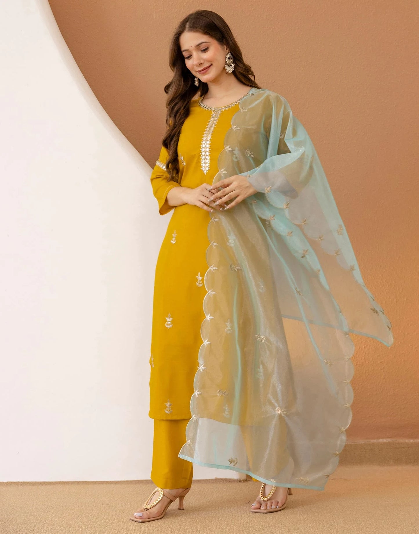 Affordable Yellow Cotton Embroidered Straight Kurta Set Round Neck Cotton Kurti with Pant & Dupatta