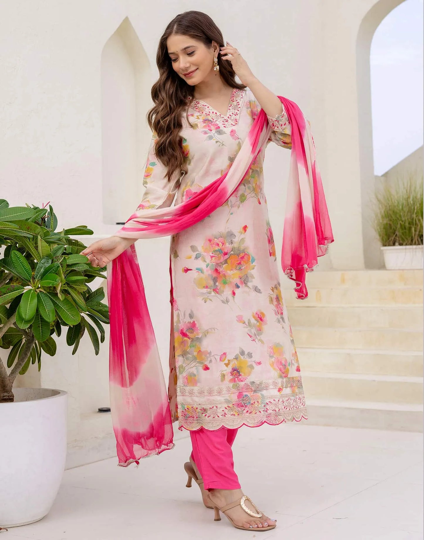 Cotton Blend Printed Straight Kurta with Pant & Dupatta
