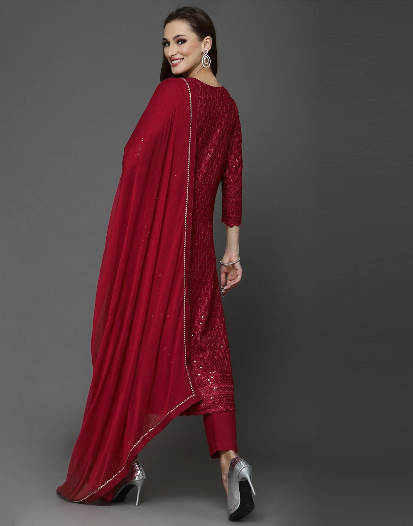 Maroon Rayon Straight Kurta Set with Sequence Embroidery under 1000