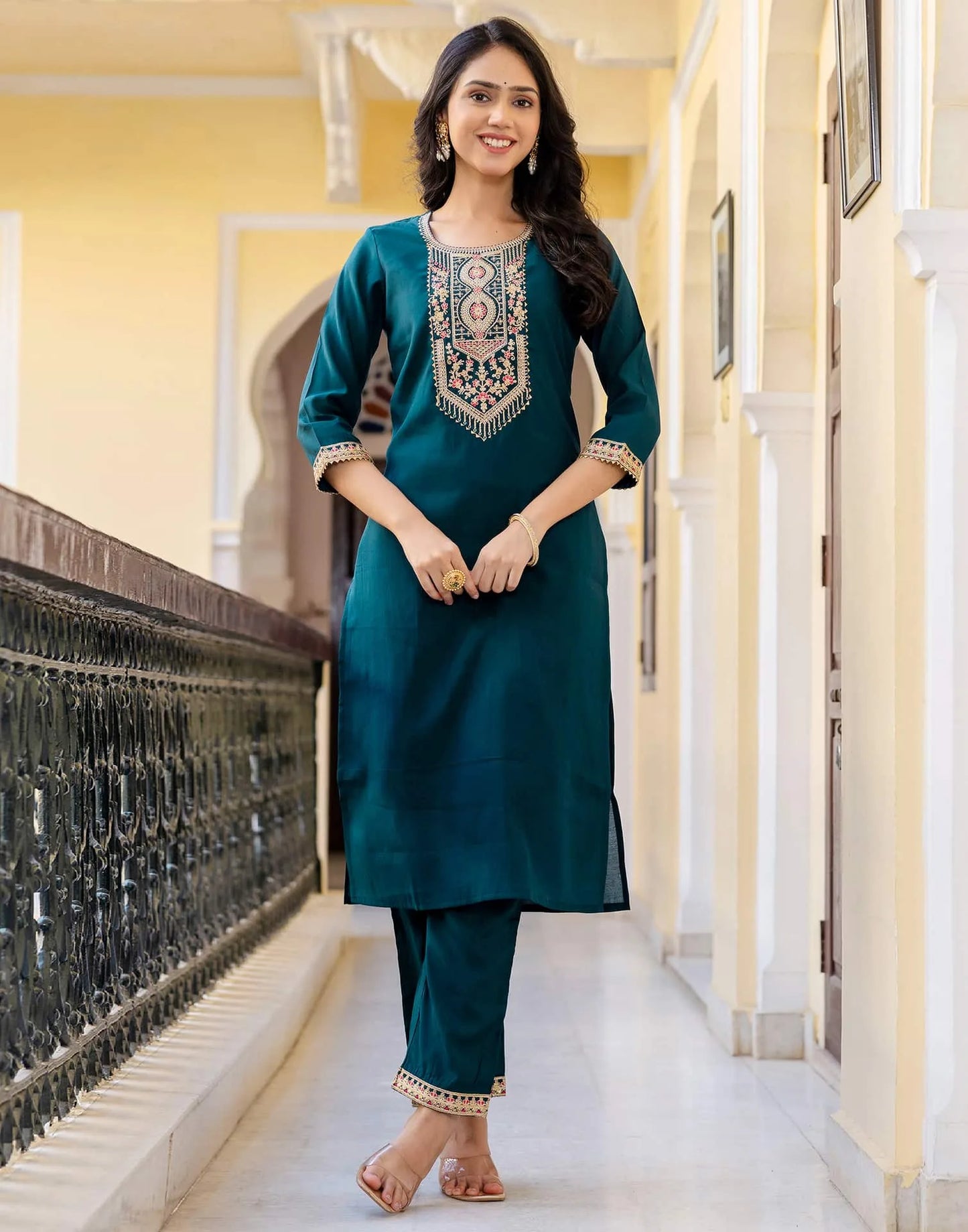 Skylee Green Silk Embroidered Straight Kurta with Pant & Dupatta