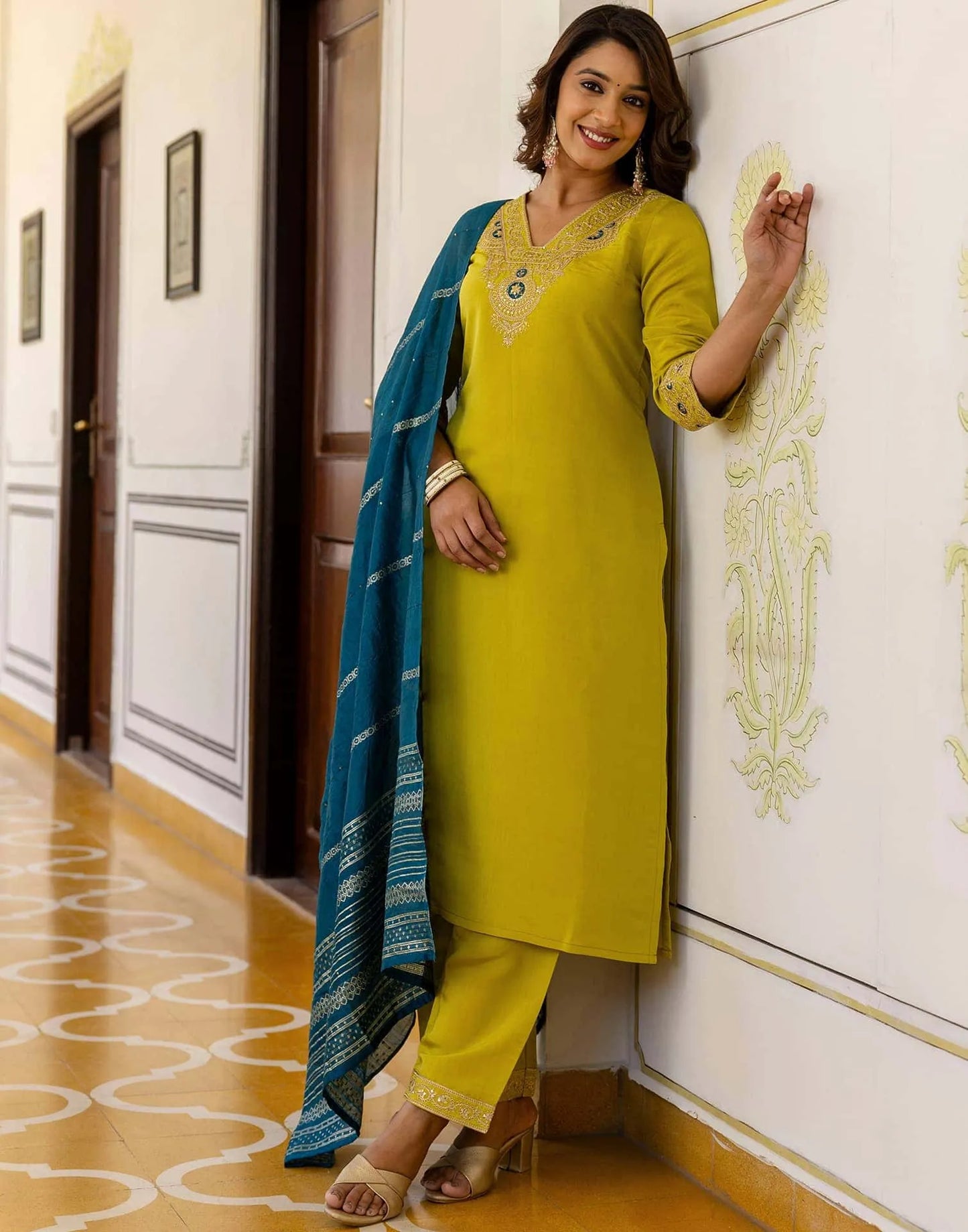 Silk Embroidery and Sequins Work Straight Kurta with Pant & Dupatta