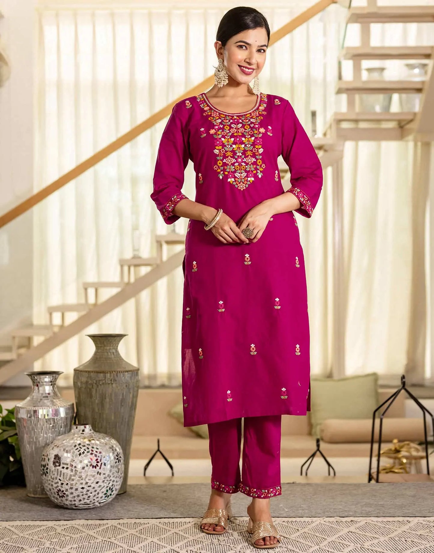 Skylee Pink Cotton Embroidered Straight Kurta with Pant & Dupatta