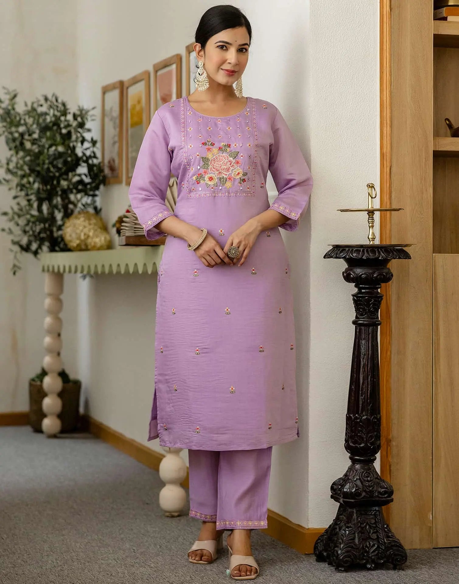 skylee Affordable Purple Silk Embroidered Round-Neck Straight Kurti with Pant & Dupatta under 999