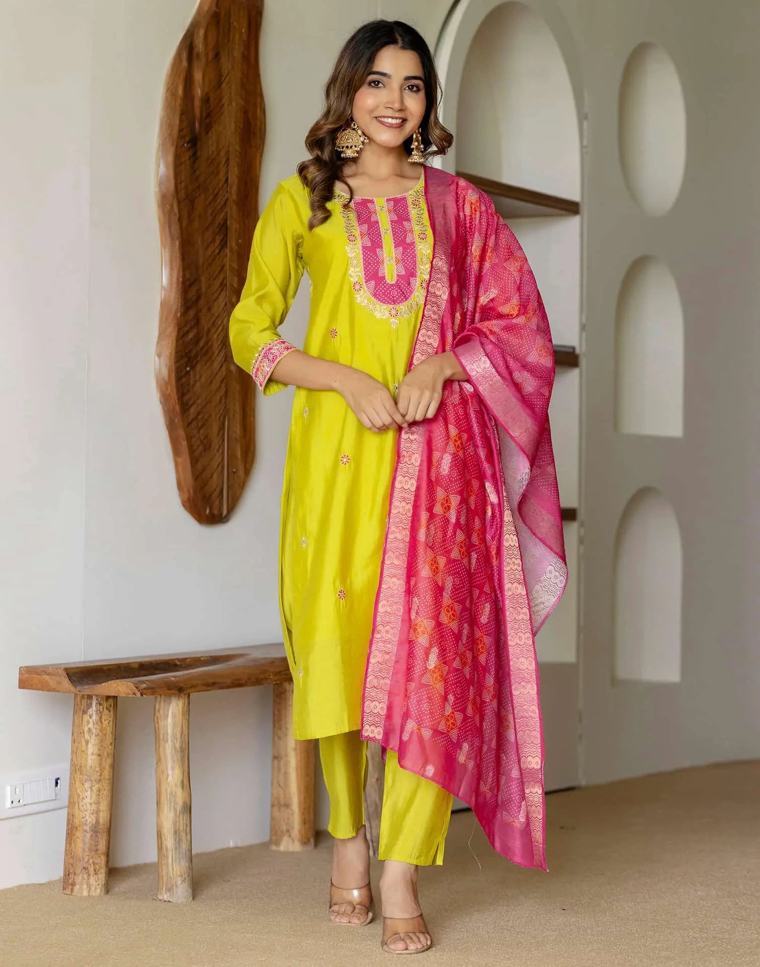 Yellow Silk Embroidered Straight Kurta Set with Pant & Dupatta under 1299 