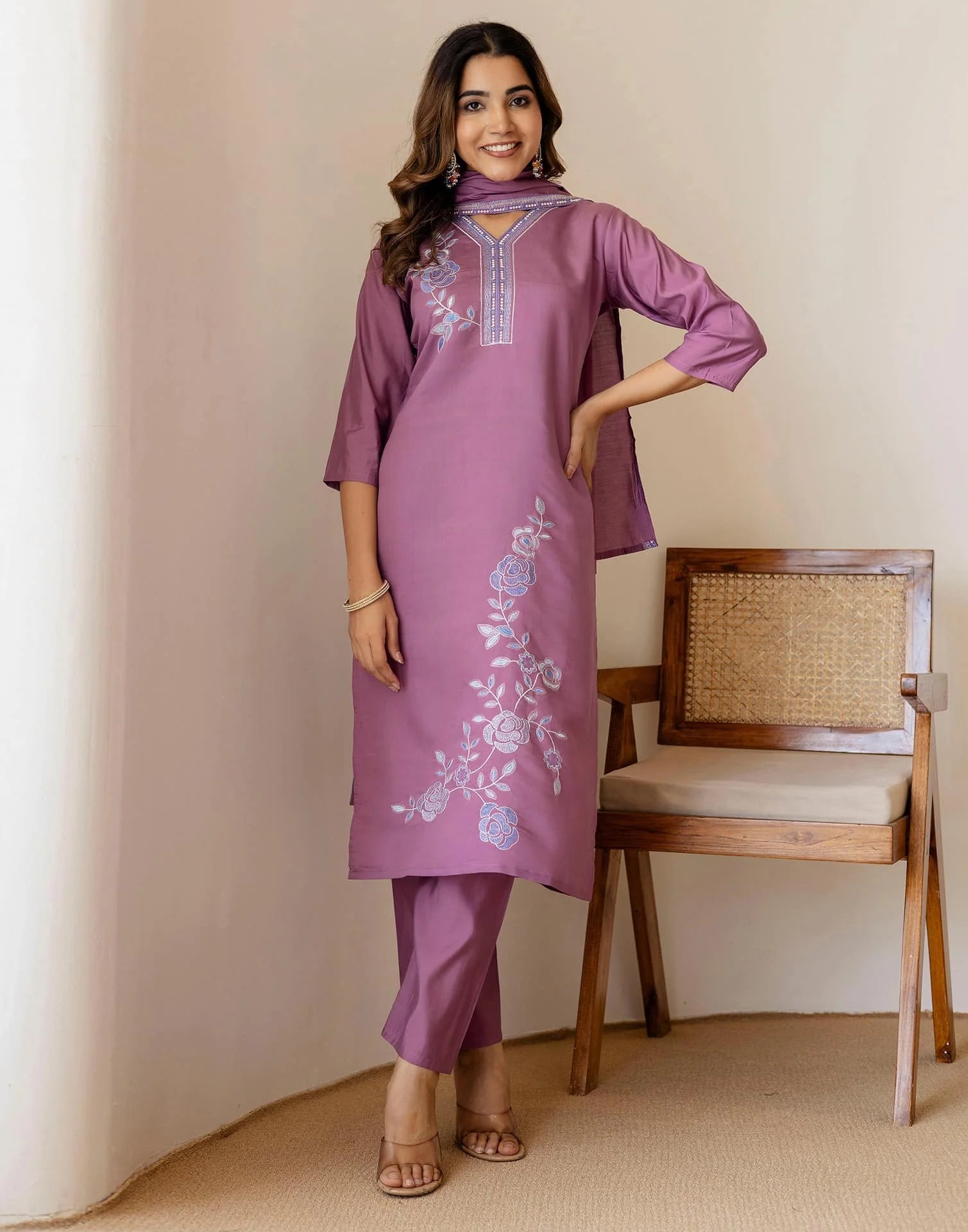 Purple Silk Embroidered Straight Kurta Set with Pant & Dupatta for Women Office & Casual Wear under 1299