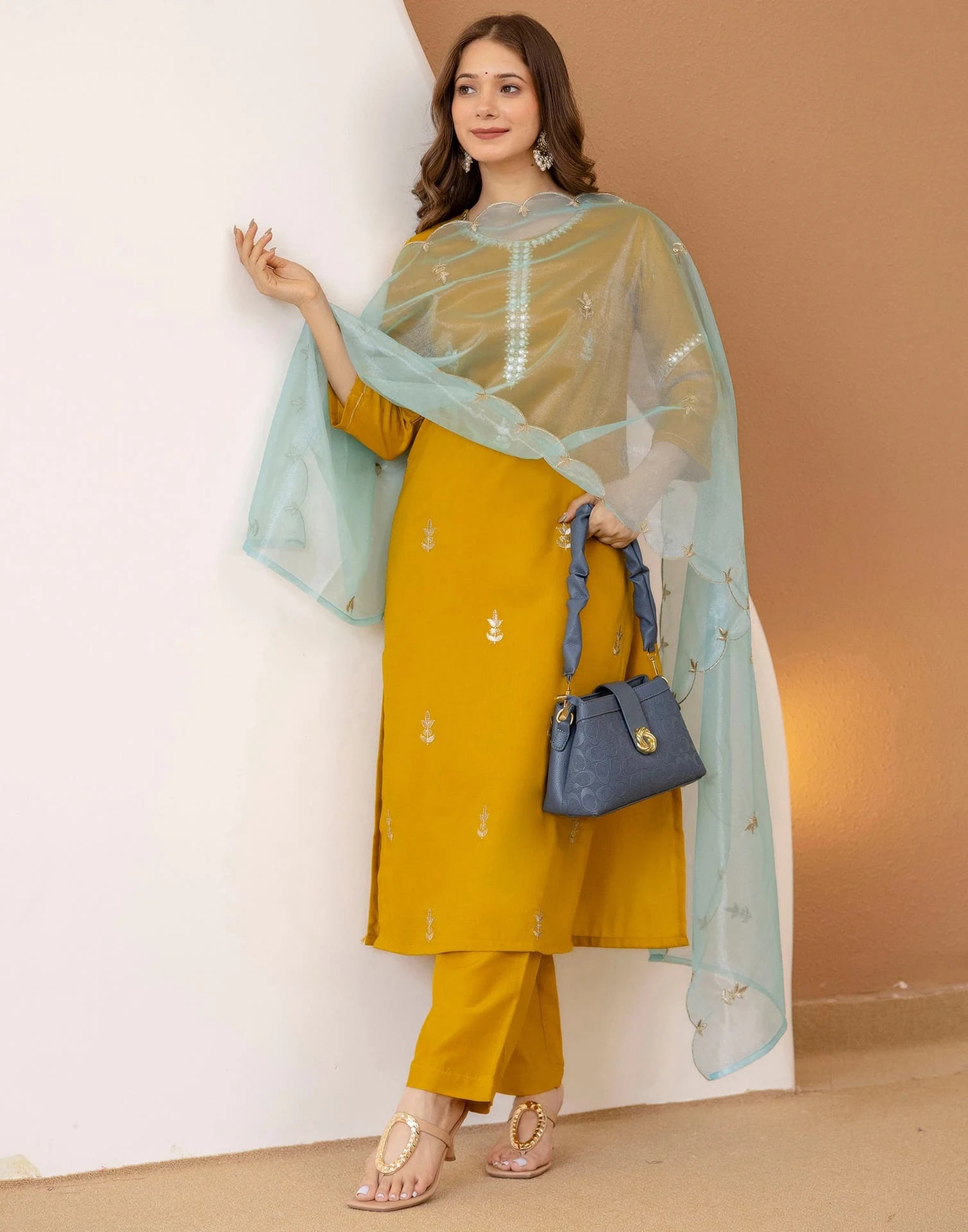 Affordable Yellow Cotton Embroidered Straight Kurta Set Round Neck Cotton Kurti with Pant & Dupatta