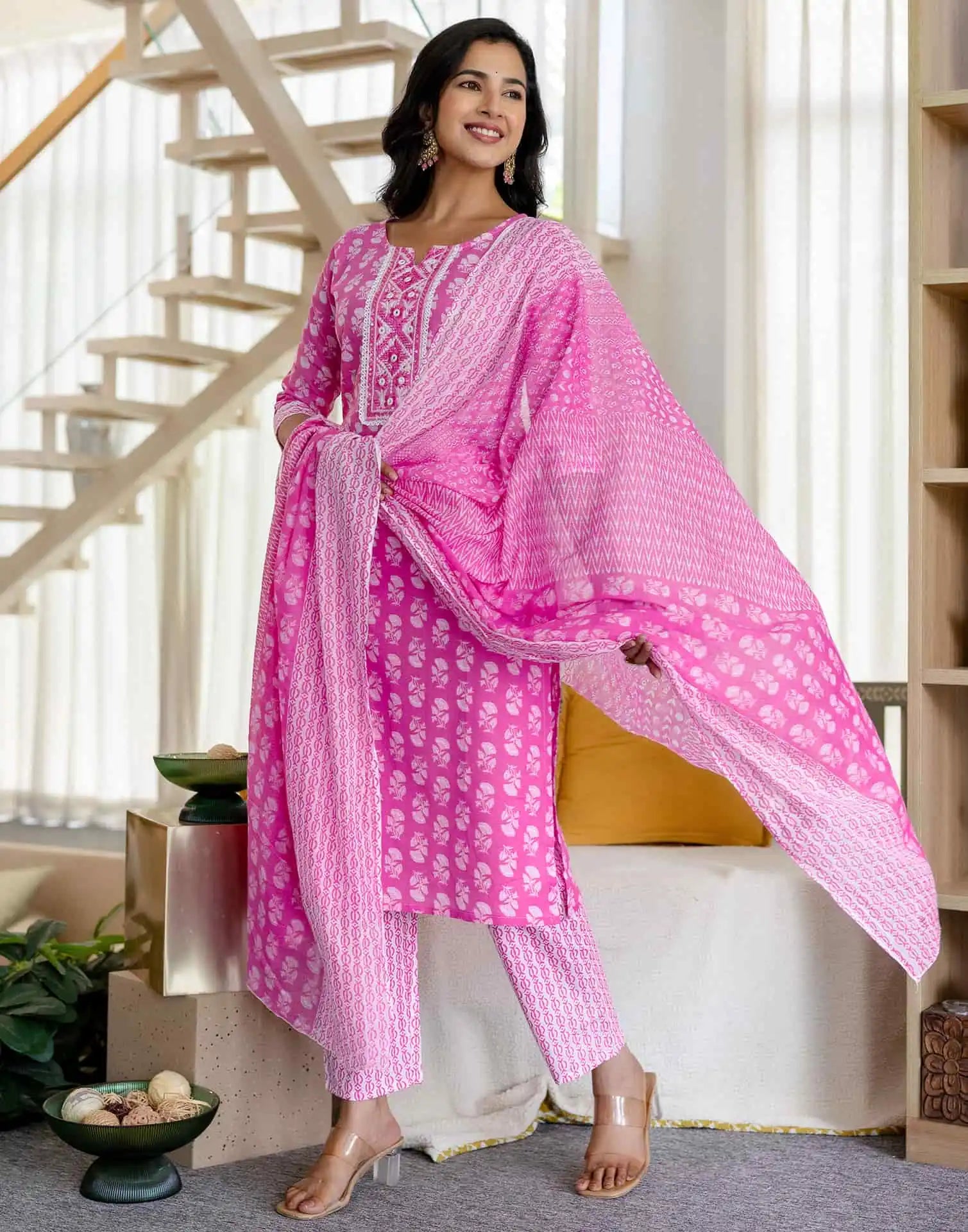 Affordable Red Cotton Printed Straight Kurta Set Round-Neck Cotton Kurti with Pant & Dupatta