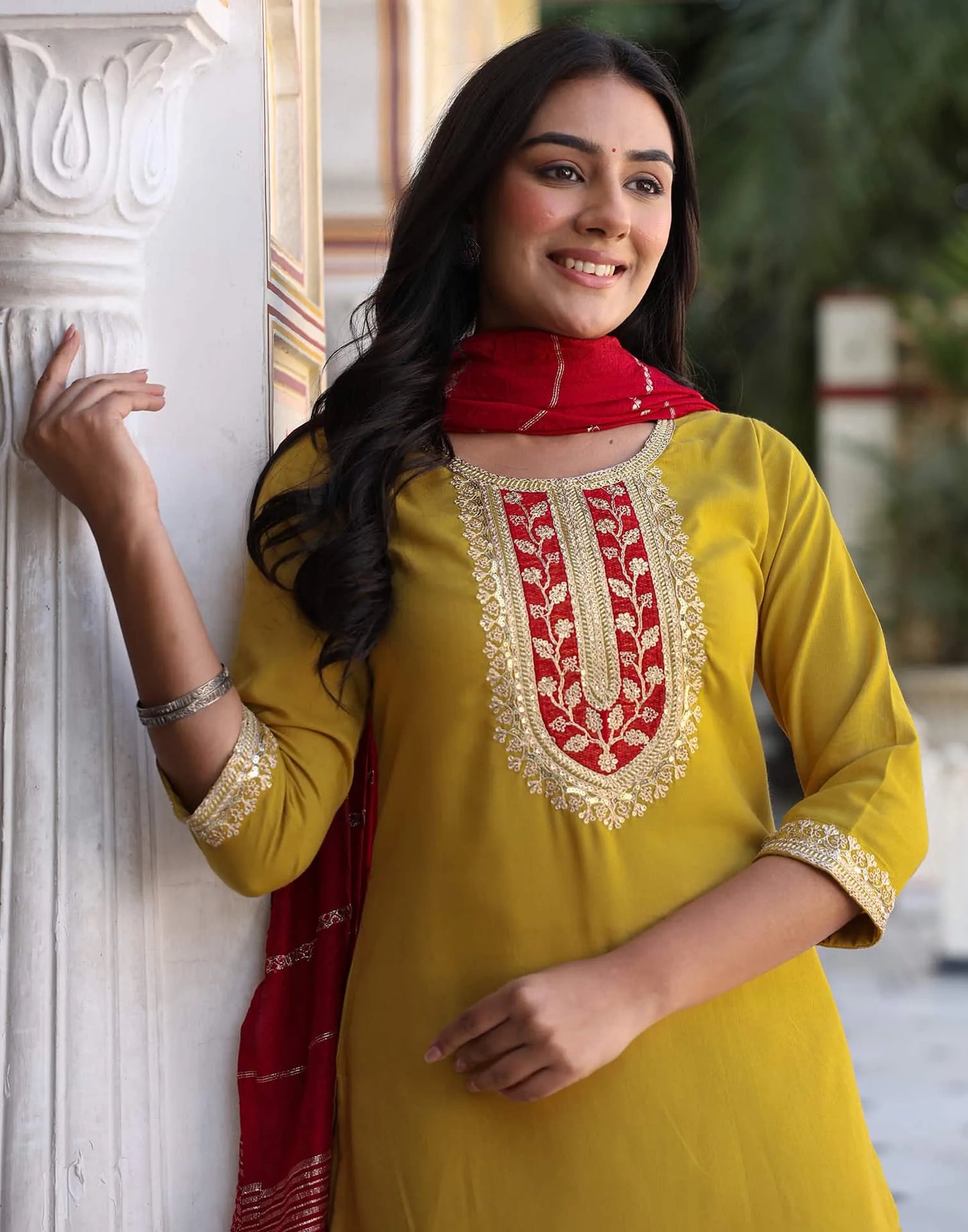 Cotton Blend Embroidery and Sequins Work, Embroidery and Sequins Work Lace Straight Kurta with Pant & Dupatta