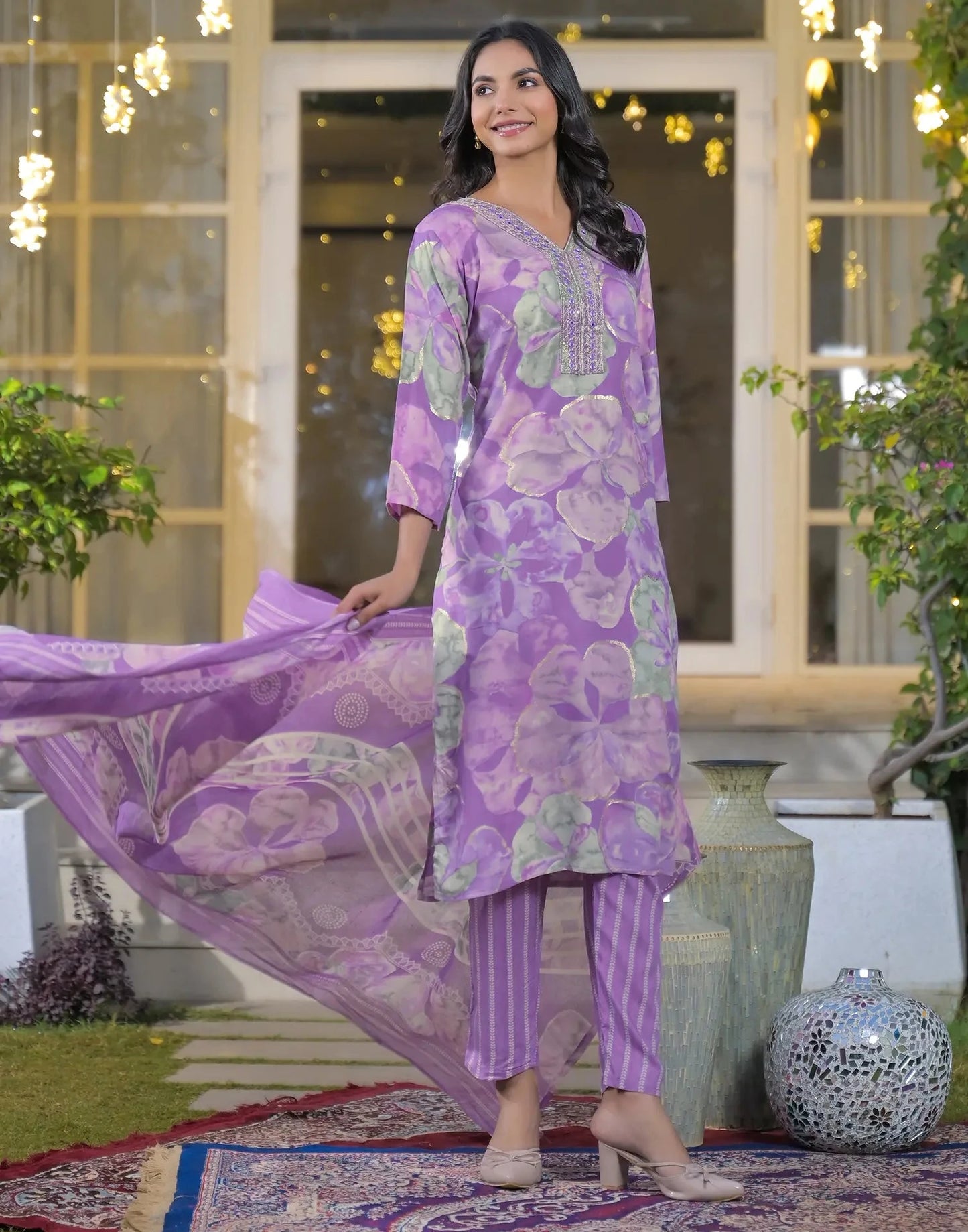 Rayon Printed V-Neck Straight Kurta with Pant & Dupatta