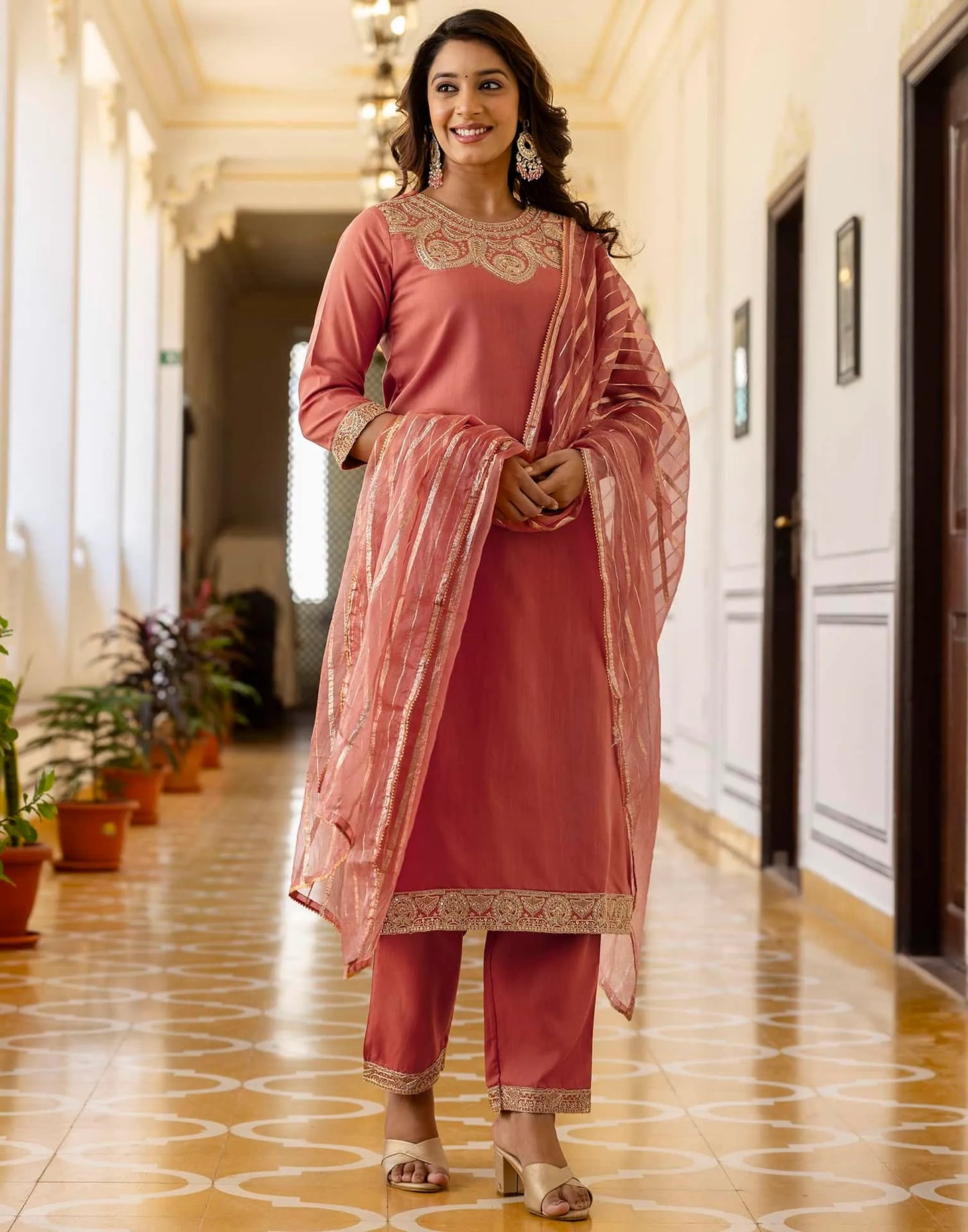Cotton Blend Sequence, Embroidery and Lace Straight Kurta with Pant & Dupatta