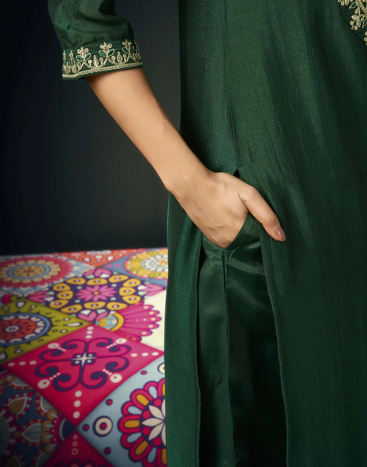 Silk Blend Embroidered Straight Kurta with Pant & Dupatta