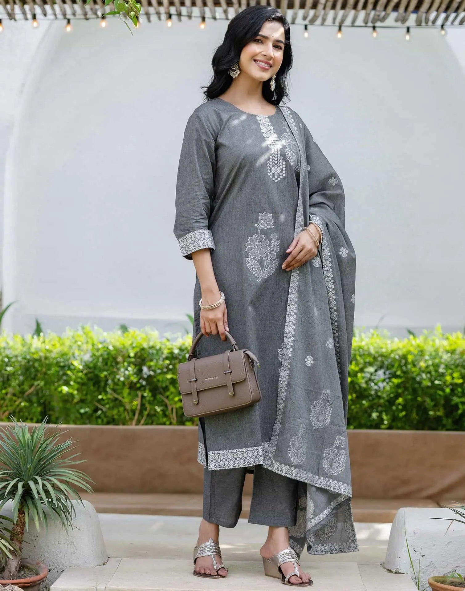 Grey Cotton Woven Straight Kurta Set with Pant & Dupatta under 1250 
