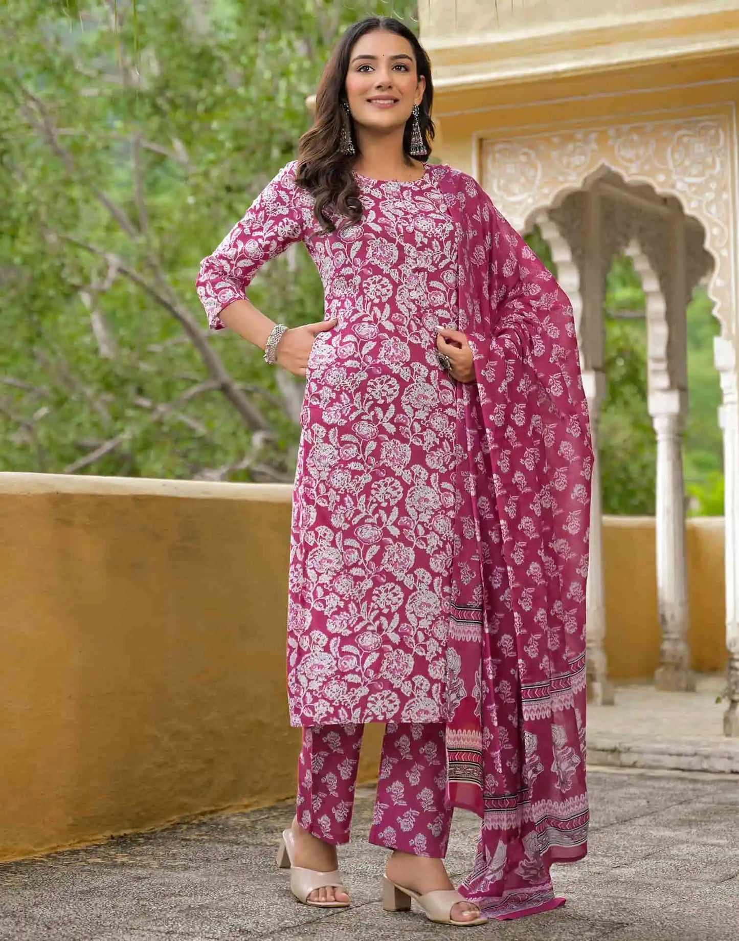 Cotton Straight Printed Round Neck Kurta with Pant & Dupatta