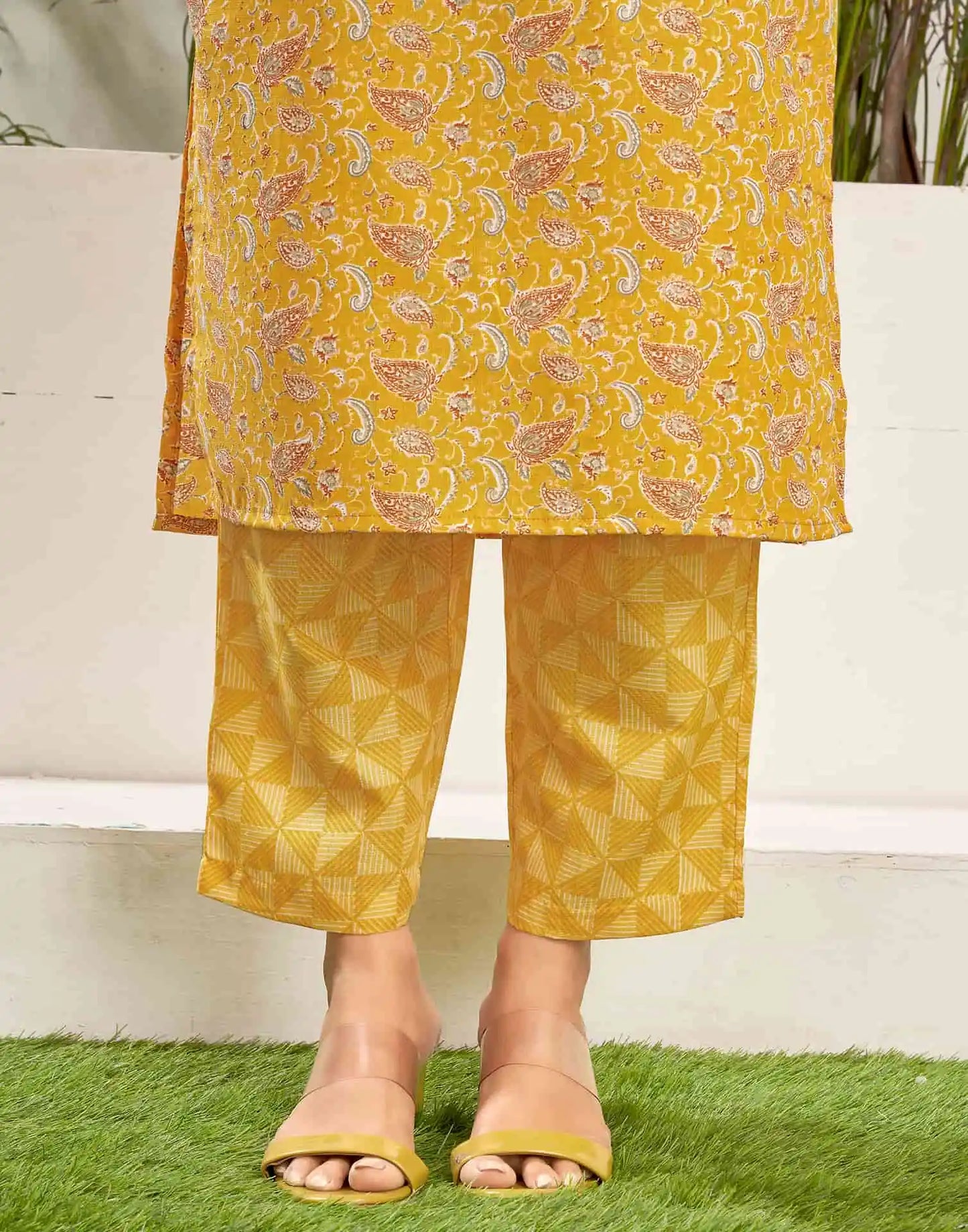Cotton Blend Foil Printed and Gota Lace Straight Kurta with Pant & Dupatta