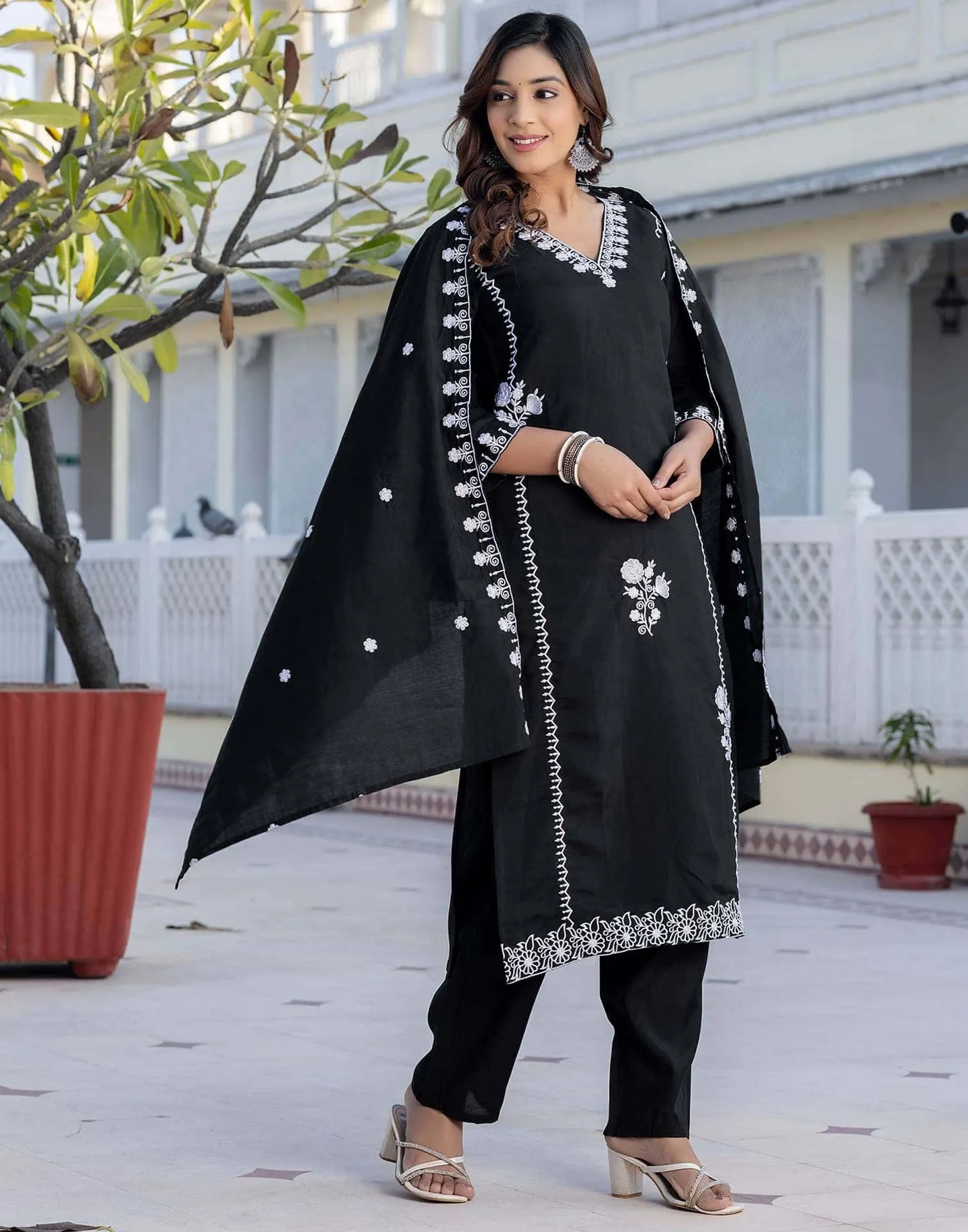 Silk Embroidery Straight Kurta with Pant & Dupatta