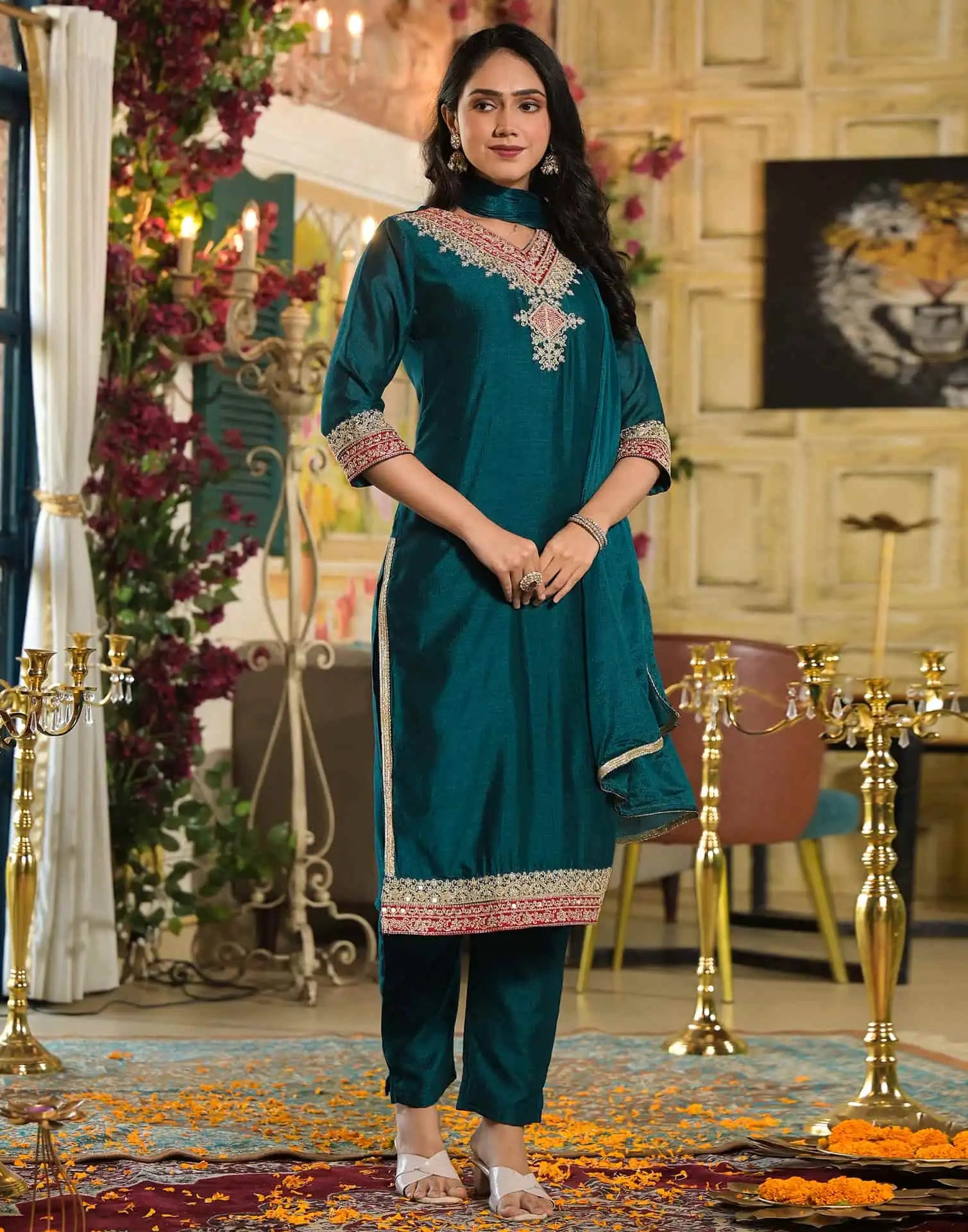 Blue Silk Embroidered Straight Kurta Set with Pant & Dupatta under 1250
