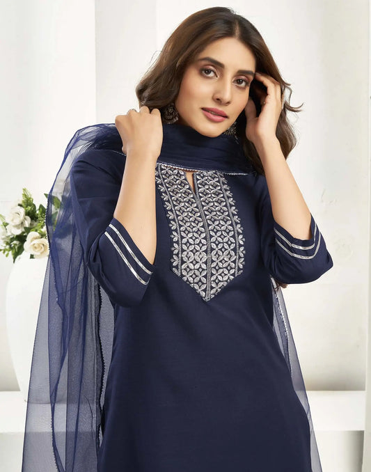 Cotton Blend Sequence, Embroidery Work and Gota Lace Straight Kurta with Pant & Dupatta