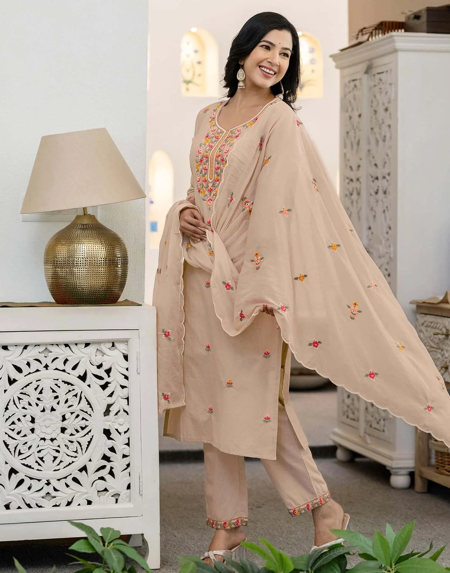 Skylee Brown Cotton Embroidered Straight Kurta with Pant & Dupatta