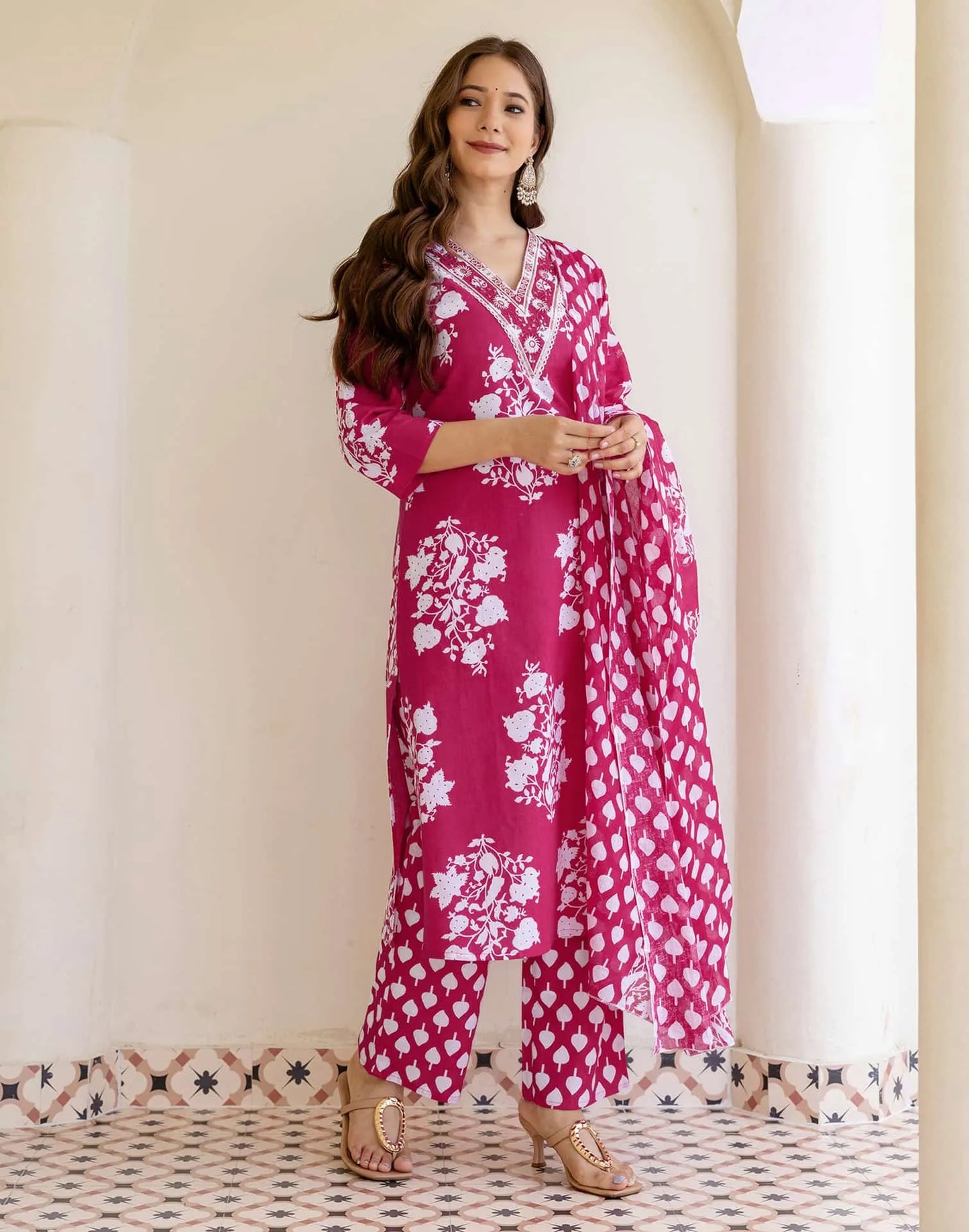 Cotton Straight Printed V-Neck Kurta with Pant & Dupatta