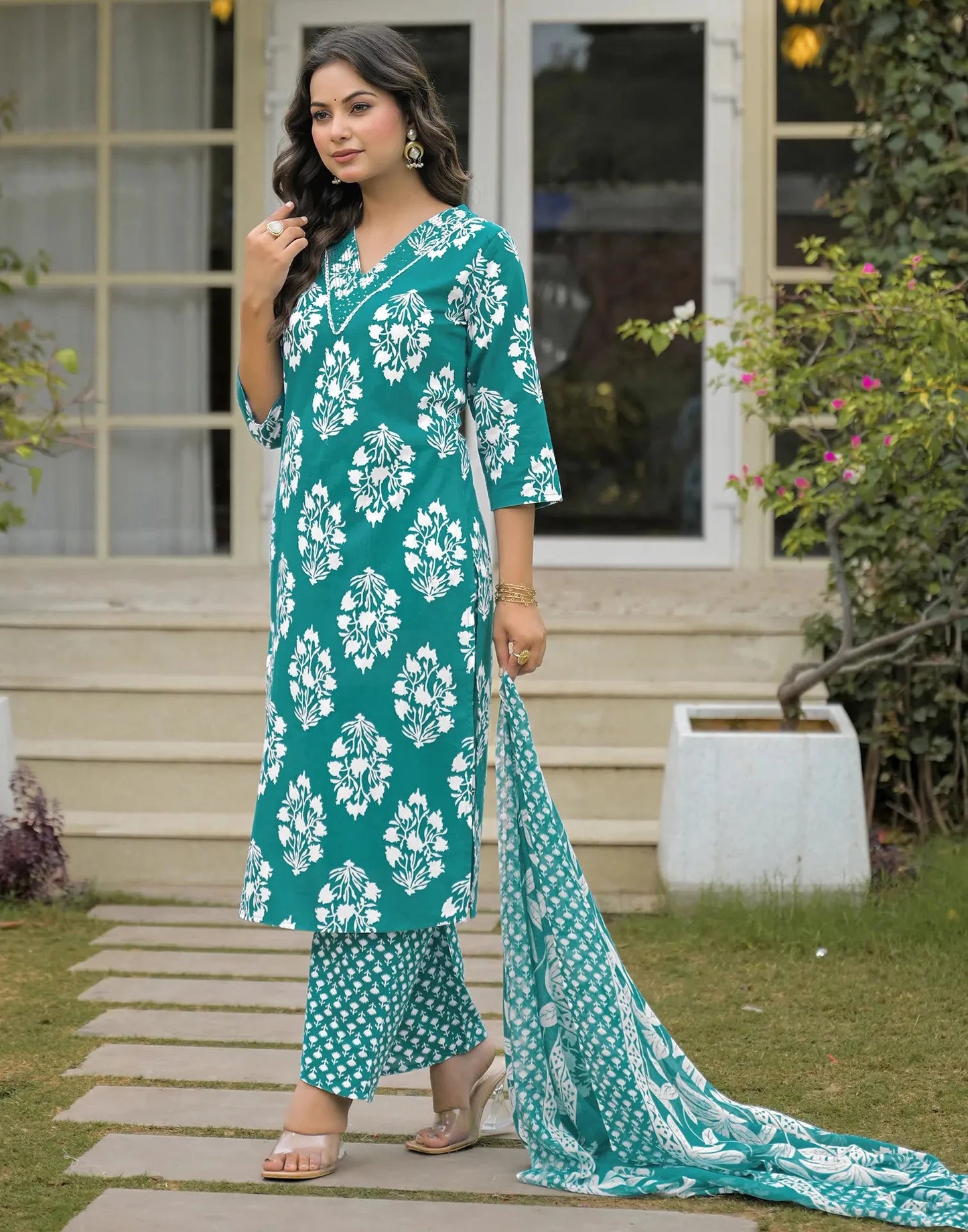 Cotton Embroidered V-Neck Straight Kurta with Pant & Dupatta