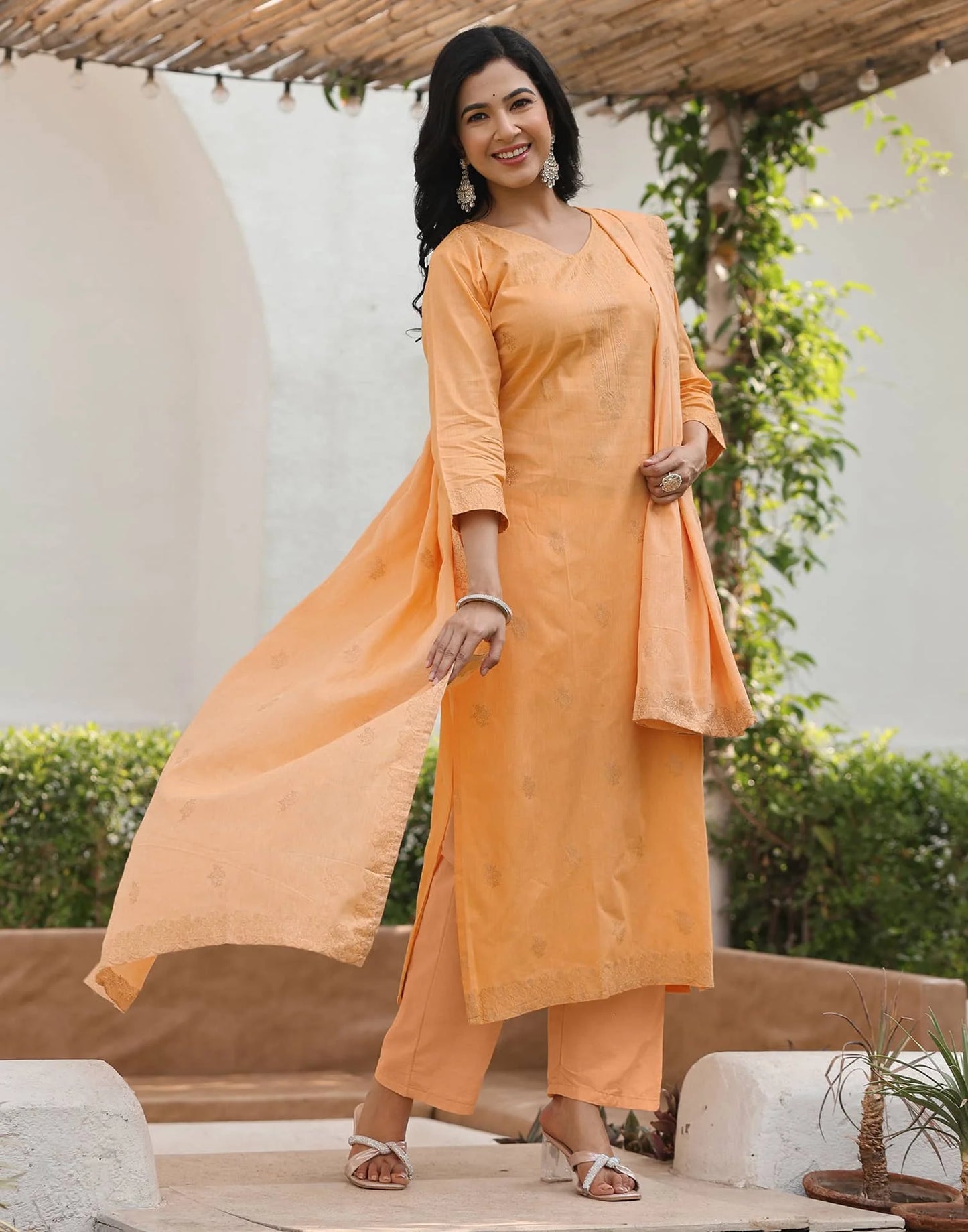 Cotton Straight Woven Design V-Neck Kurta with Pant & Dupatta