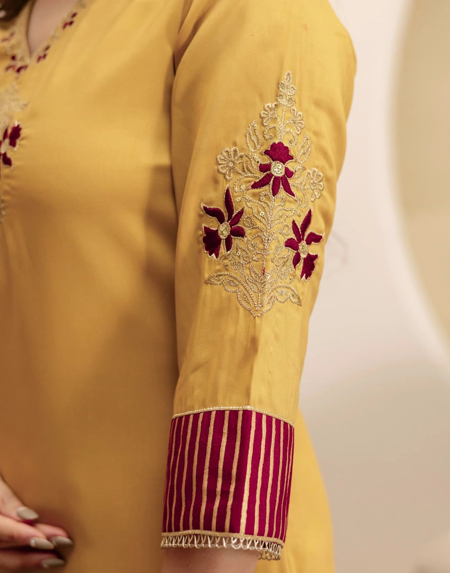 Silk Straight Embroidery V-Neck Kurta with Pant & Dupatta