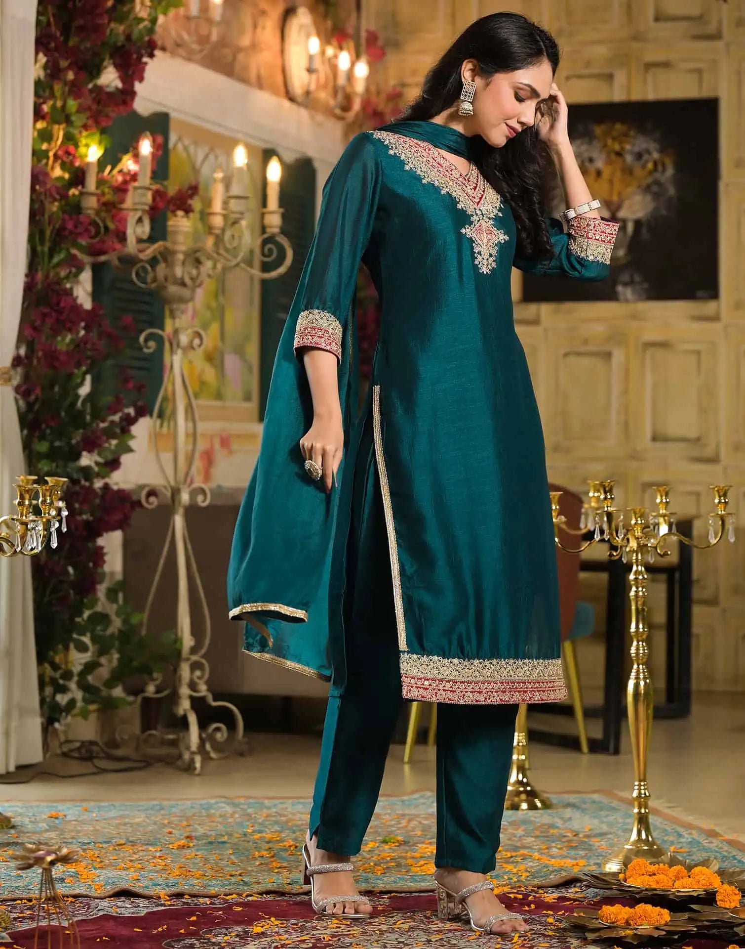 Blue Silk Embroidered Straight Kurta Set with Pant & Dupatta under 1250