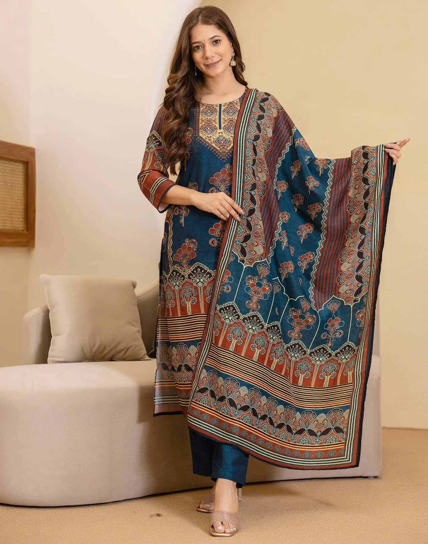 Cotton Printed Straight Kurta with Pant & Dupatta