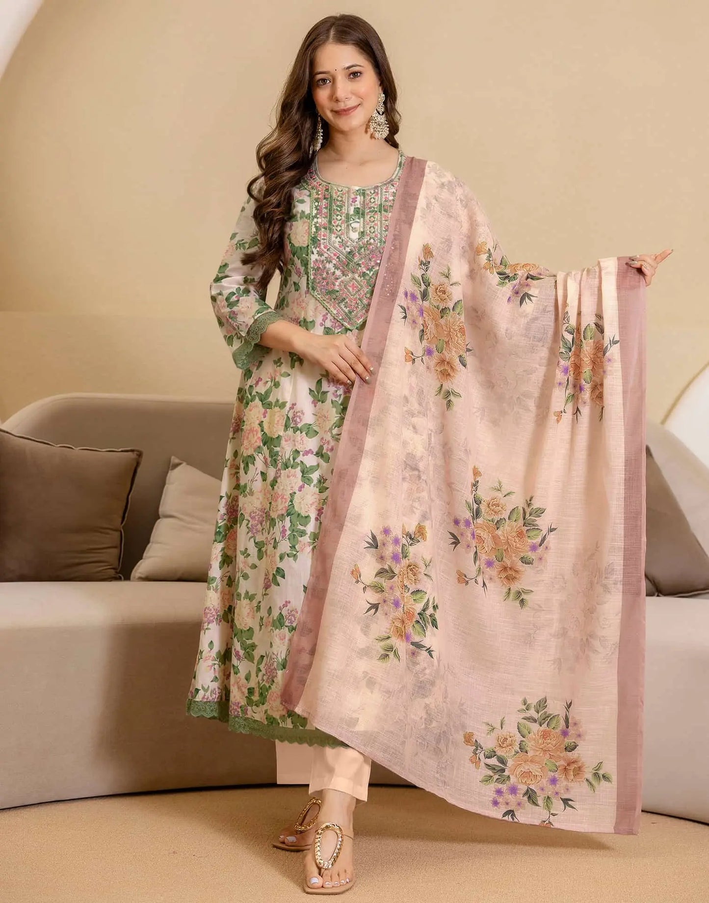 Beige Cotton Printed Anarkali Kurta with Pant & Dupatta