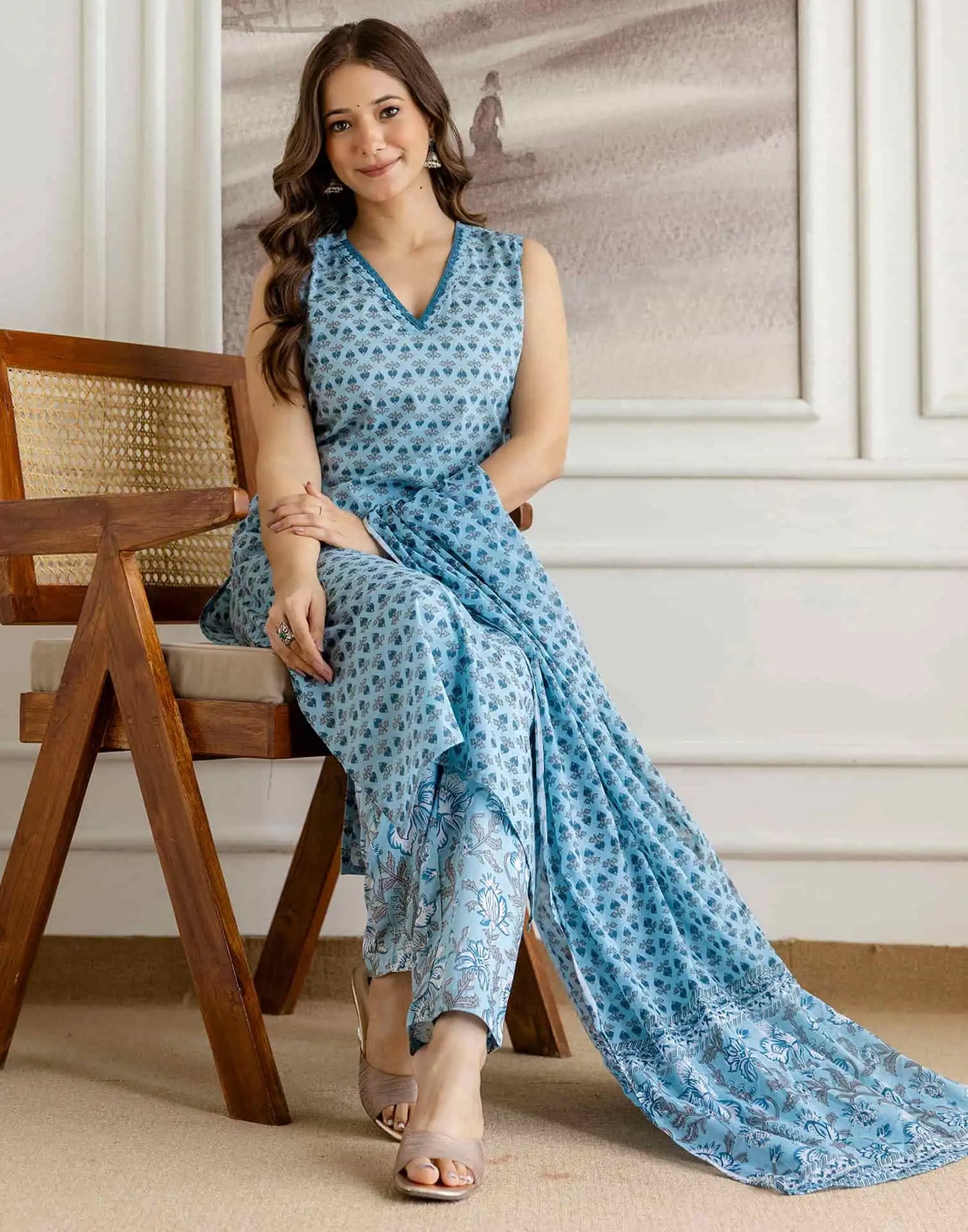 Affordable Blue Cotton Printed Straight Kurta Set with Pant & Dupatta under 999