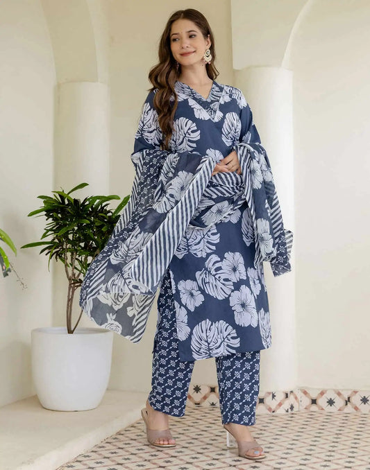 Cotton Printed Straight Kurta with Pant & Dupatta