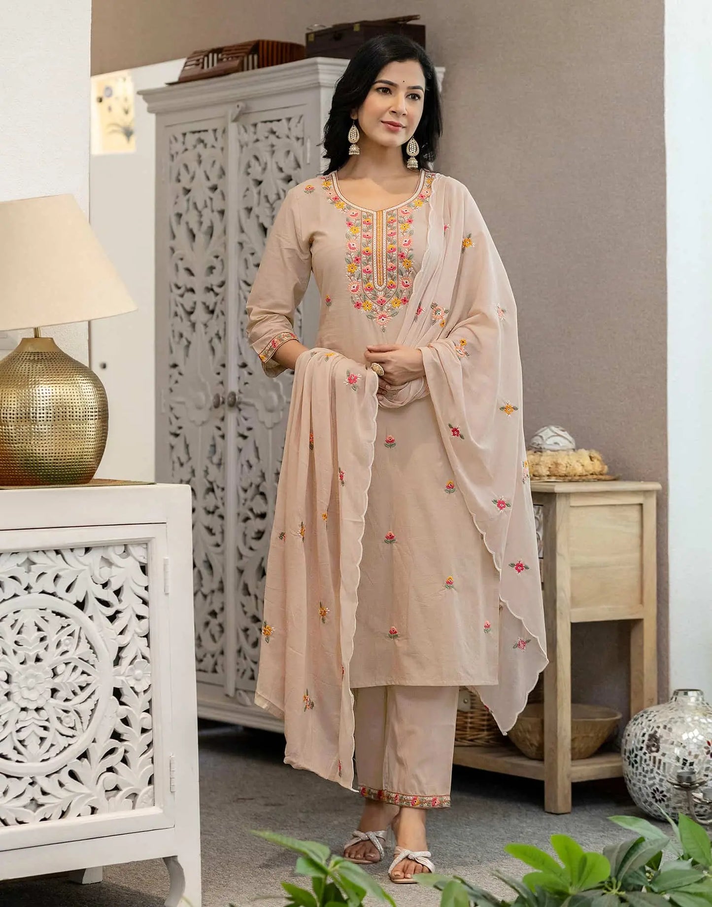 Skylee Brown Cotton Embroidered Straight Kurta with Pant & Dupatta