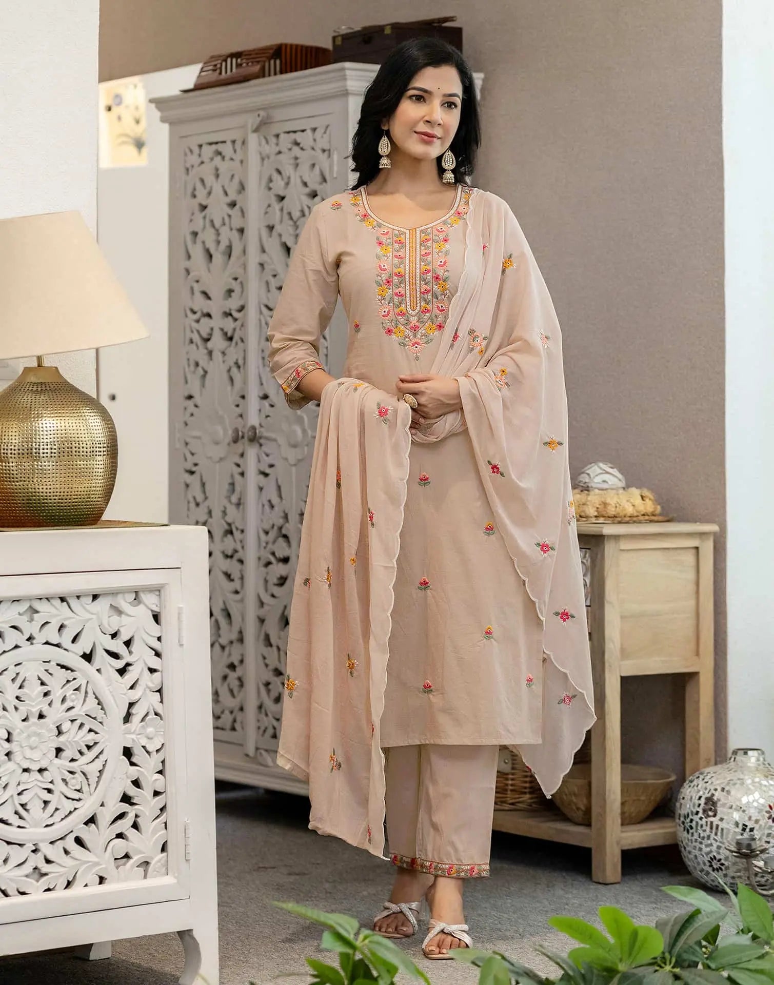Skylee Brown Cotton Embroidered Straight Kurta with Pant & Dupatta