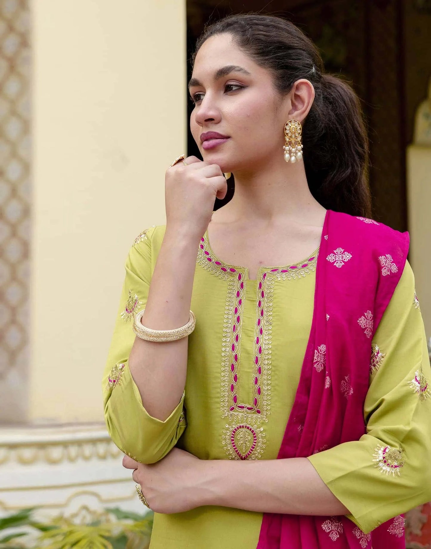 Silk Embroidery and Sequins Work Straight Kurta with Pant & Dupatta