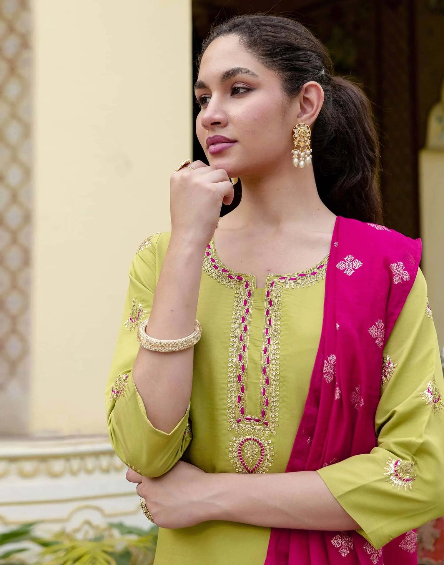 Silk Embroidery and Sequins Work Straight Kurta with Pant & Dupatta